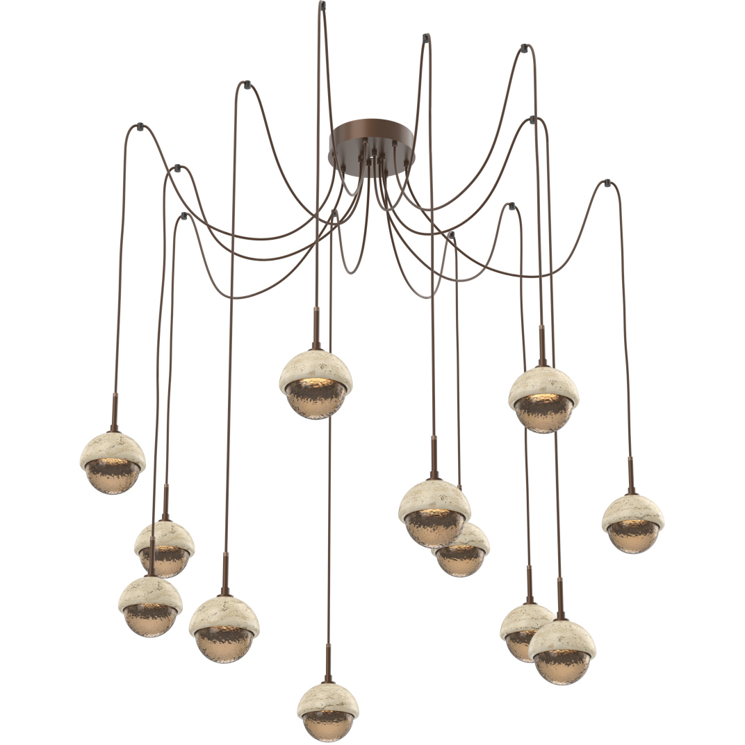 Cabochon LED 14.1 inch Burnished Bronze with Travertine Stone Swag Multi-Pendant Ceiling Light in 3000K LED