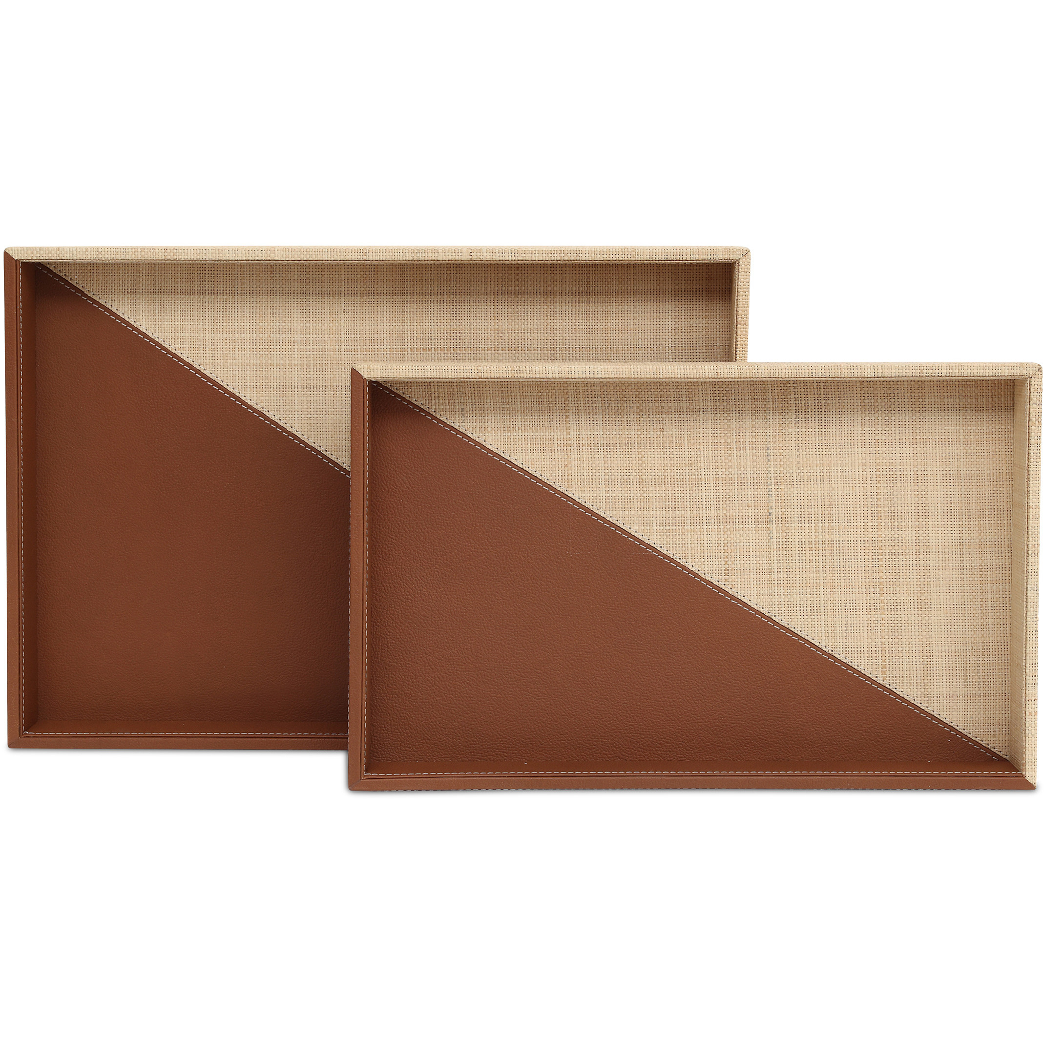 Leather & Raffia Brown and Natural Trays, Set of 2