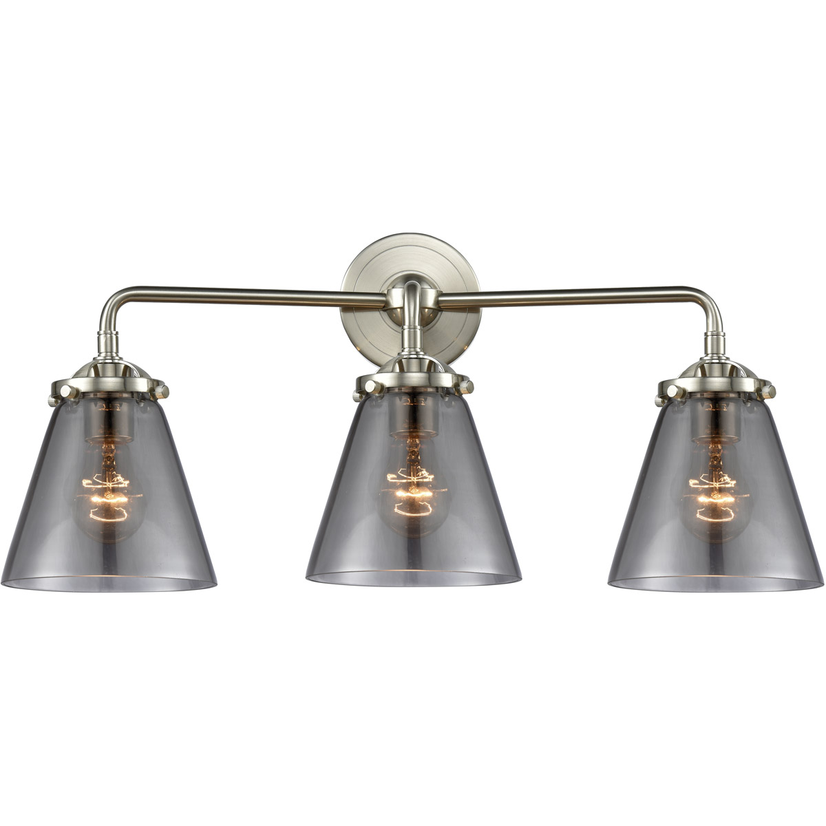 Nouveau Small Cone 3 Light 24 inch Brushed Satin Nickel Bath Vanity Light Wall Light in Plated Smoke Glass, Nouveau