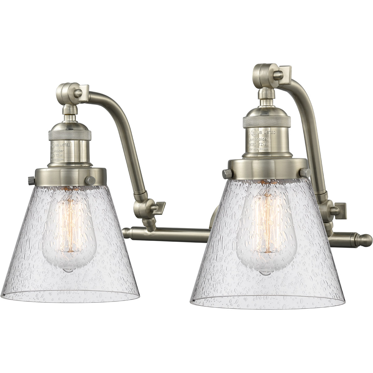 Franklin Restoration Small Cone 2 Light 18 inch Brushed Satin Nickel Bath Vanity Light Wall Light in Seedy Glass, Franklin Restoration