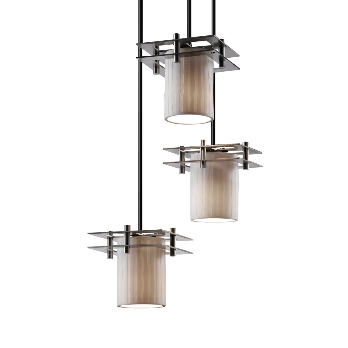 Metropolis 3 Light 7 inch Brushed Nickel Pendant Ceiling Light in Waterfall, Cylinder with Flat Rim