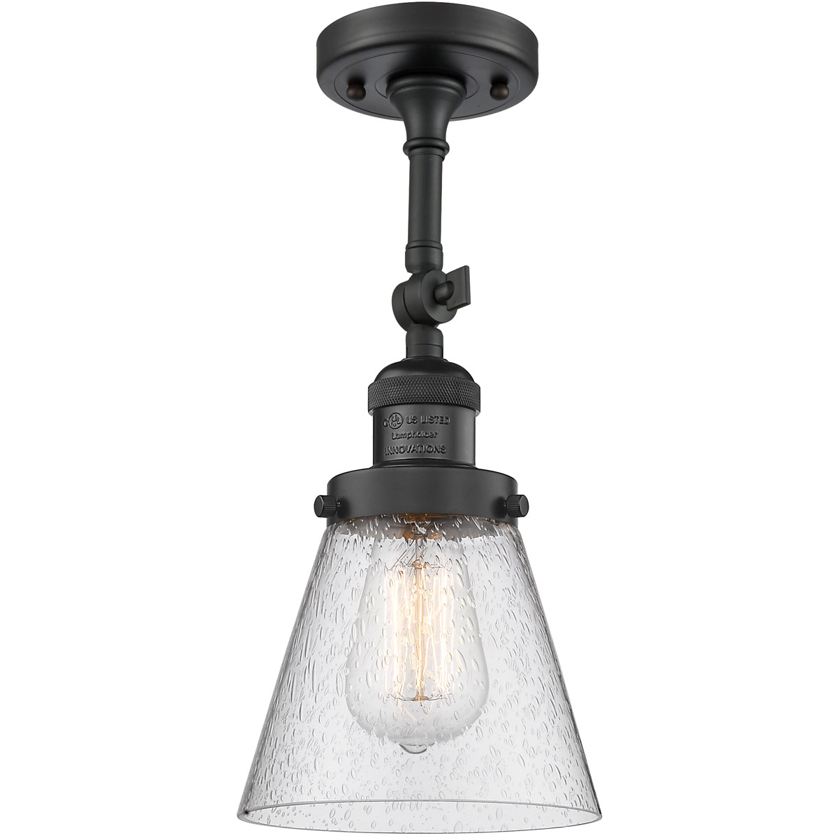 Franklin Restoration Small Cone LED 6 inch Matte Black Semi-Flush Mount Ceiling Light in Seedy Glass, Franklin Restoration