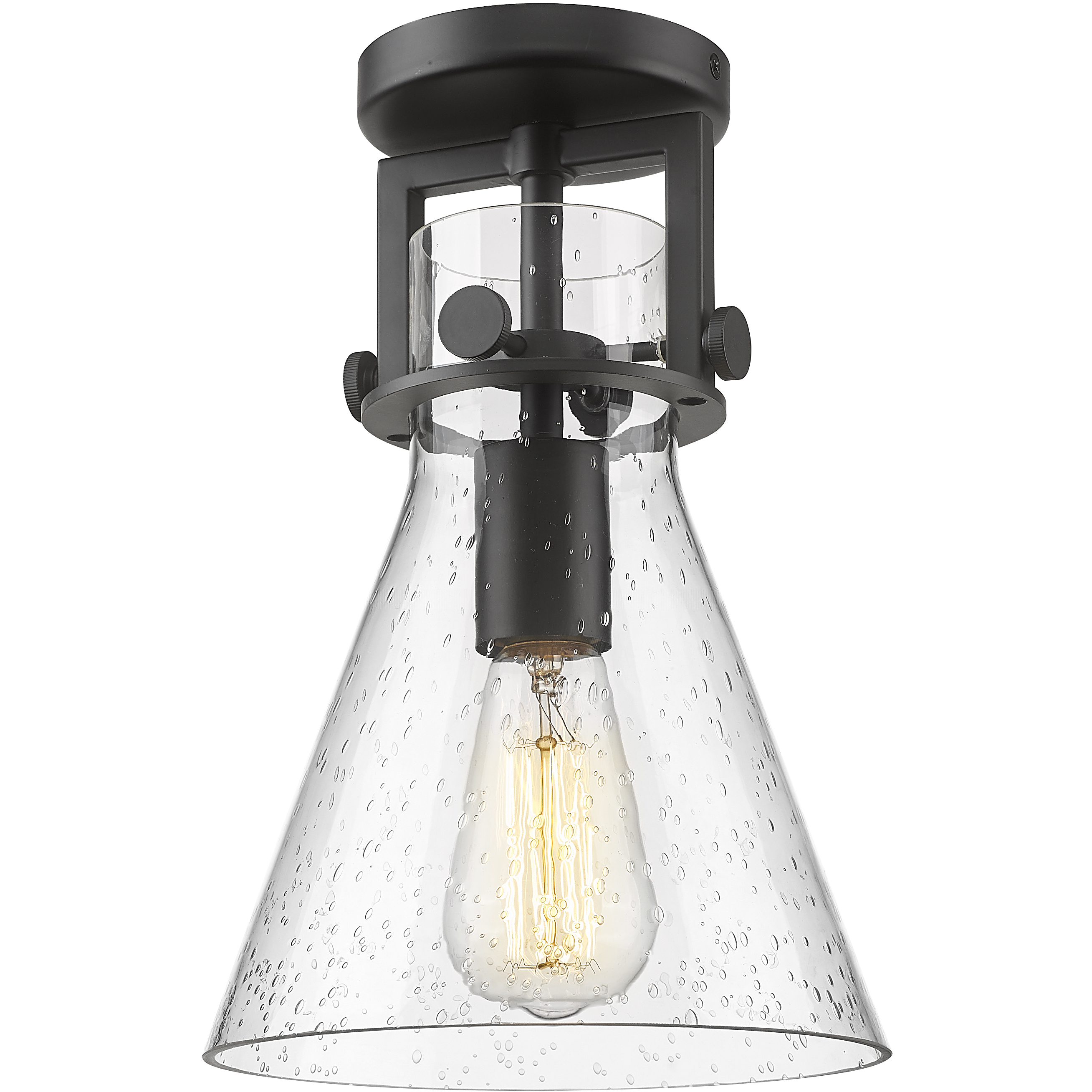 Newton Cone 1 Light 8 inch Matte Black Flush Mount Ceiling Light in Seedy Glass