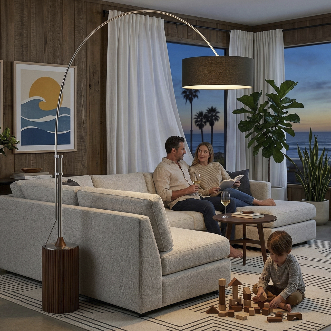 Tambo 92 inch 9 watt Satin Nickel and Dark Walnut Arc Floor Lamp Portable Light in Black Linen