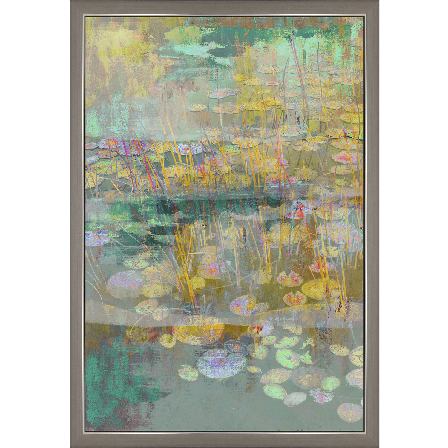 Reeds and Lilies Turquoise and Green and Pink and Multi Framed Art