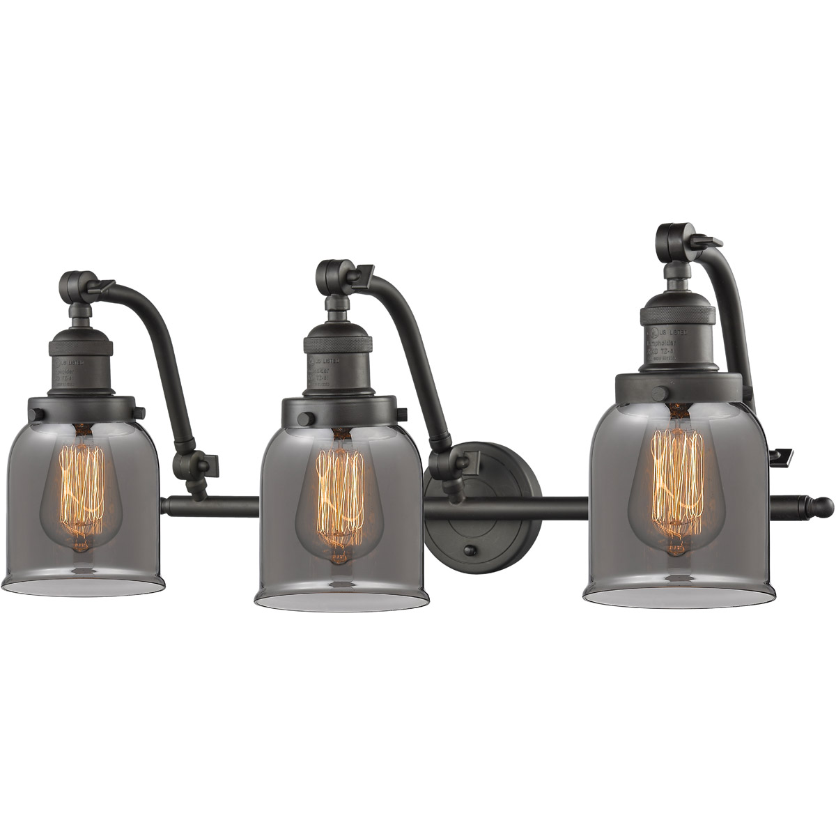 Franklin Restoration Small Bell 3 Light 28 inch Oil Rubbed Bronze Bath Vanity Light Wall Light in Light Smoke Glass, Franklin Restoration