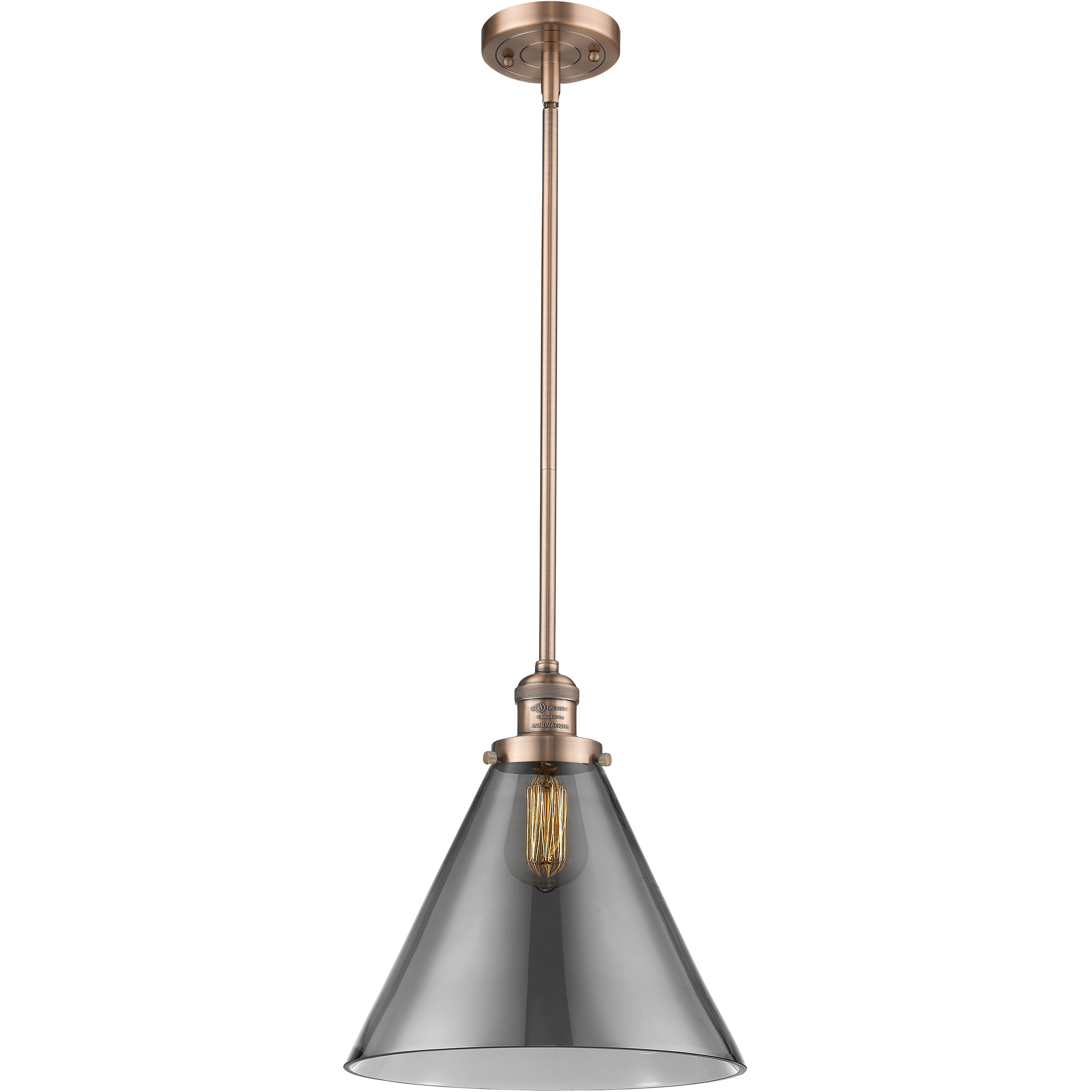 Franklin Restoration Cone LED 12 inch Antique Copper Mini Pendant Ceiling Light in Light Smoke Glass, Franklin Restoration