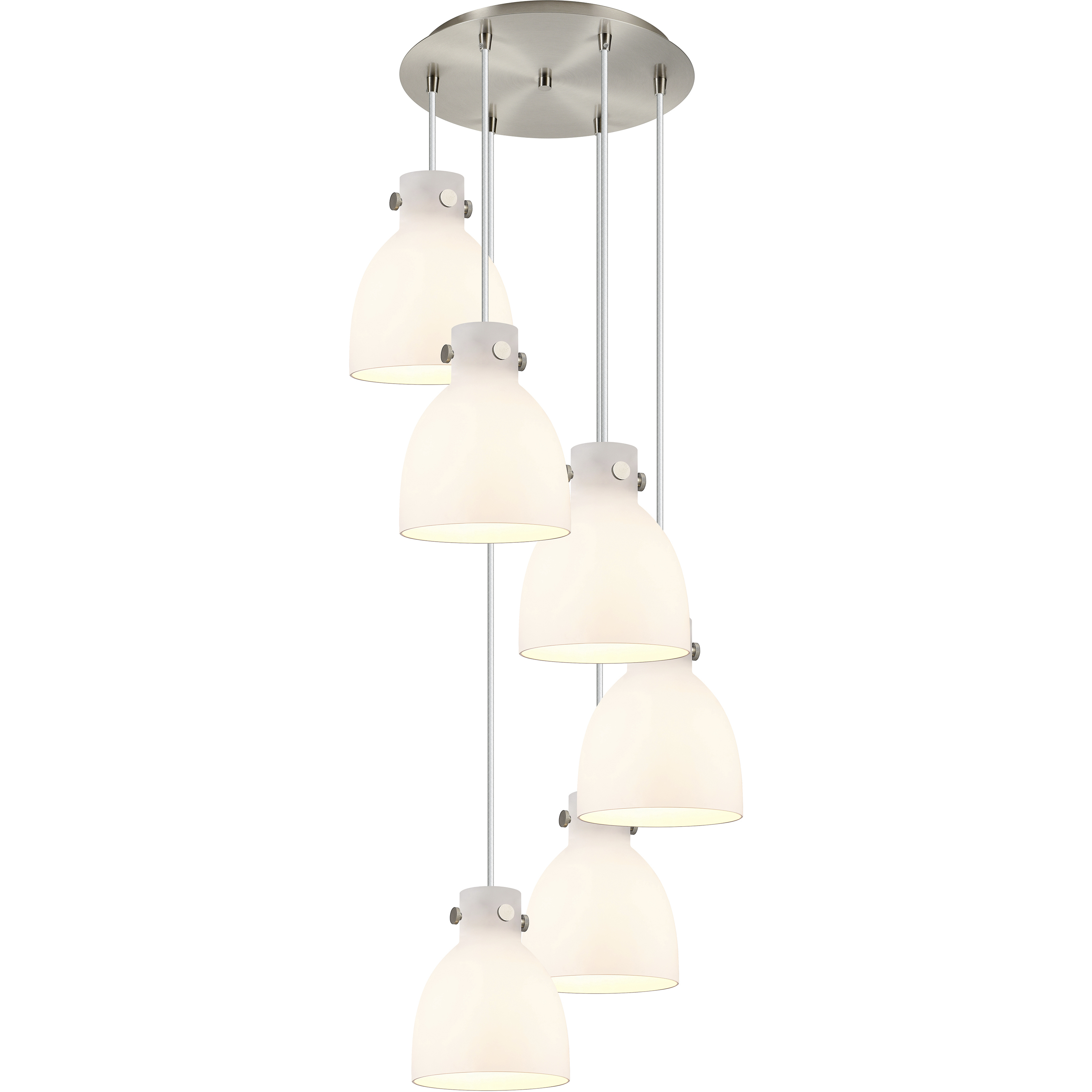 Newton Bell 6 Light 18.63 inch Brushed Satin Nickel Multi Pendant Ceiling Light in White Glass
