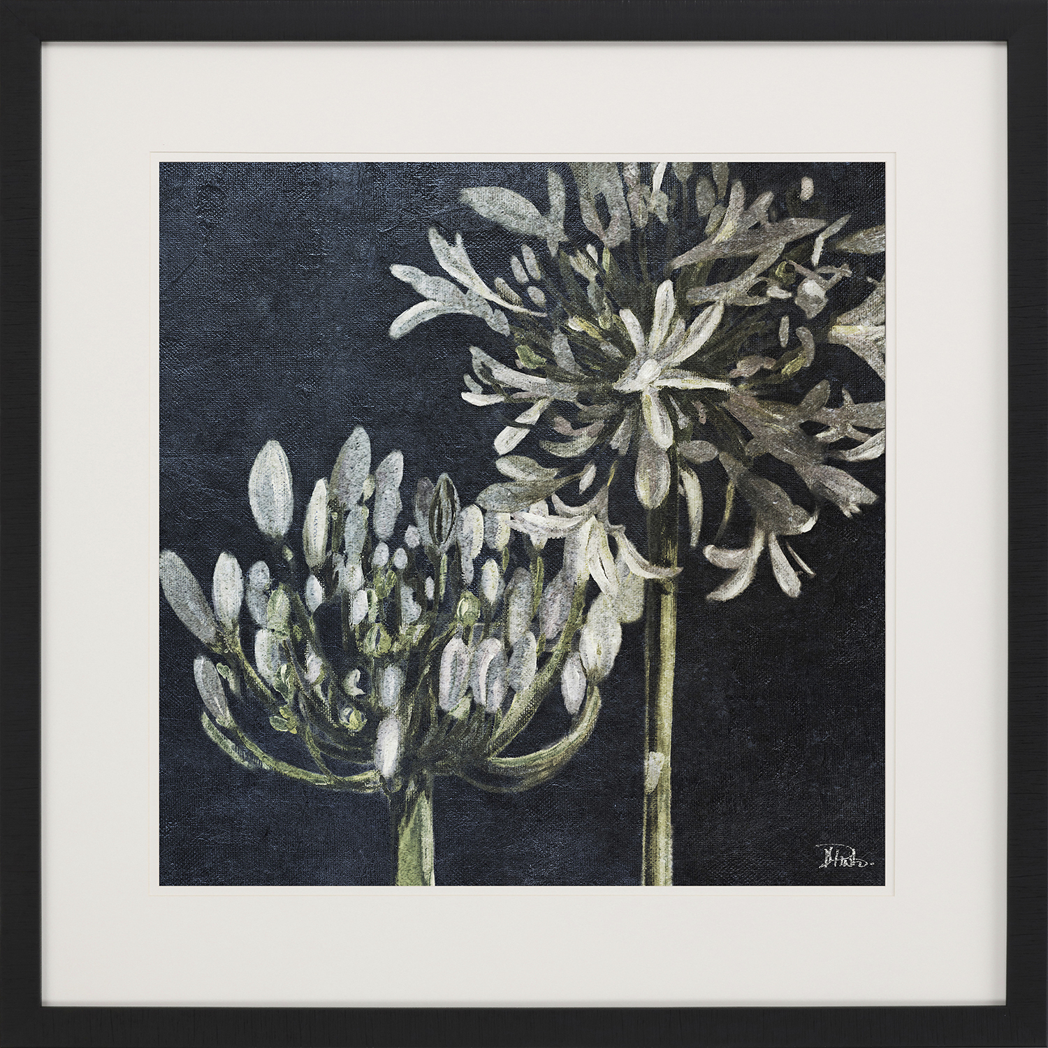 Midnight Lilies Black and Blue and Neutral and White Framed Art