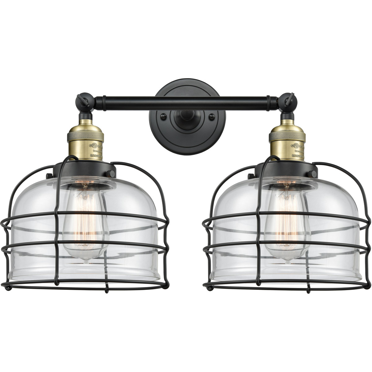 Franklin Restoration Large Bell Cage 2 Light 19 inch Black Antique Brass Bath Vanity Light Wall Light in Clear Glass, Franklin Restoration