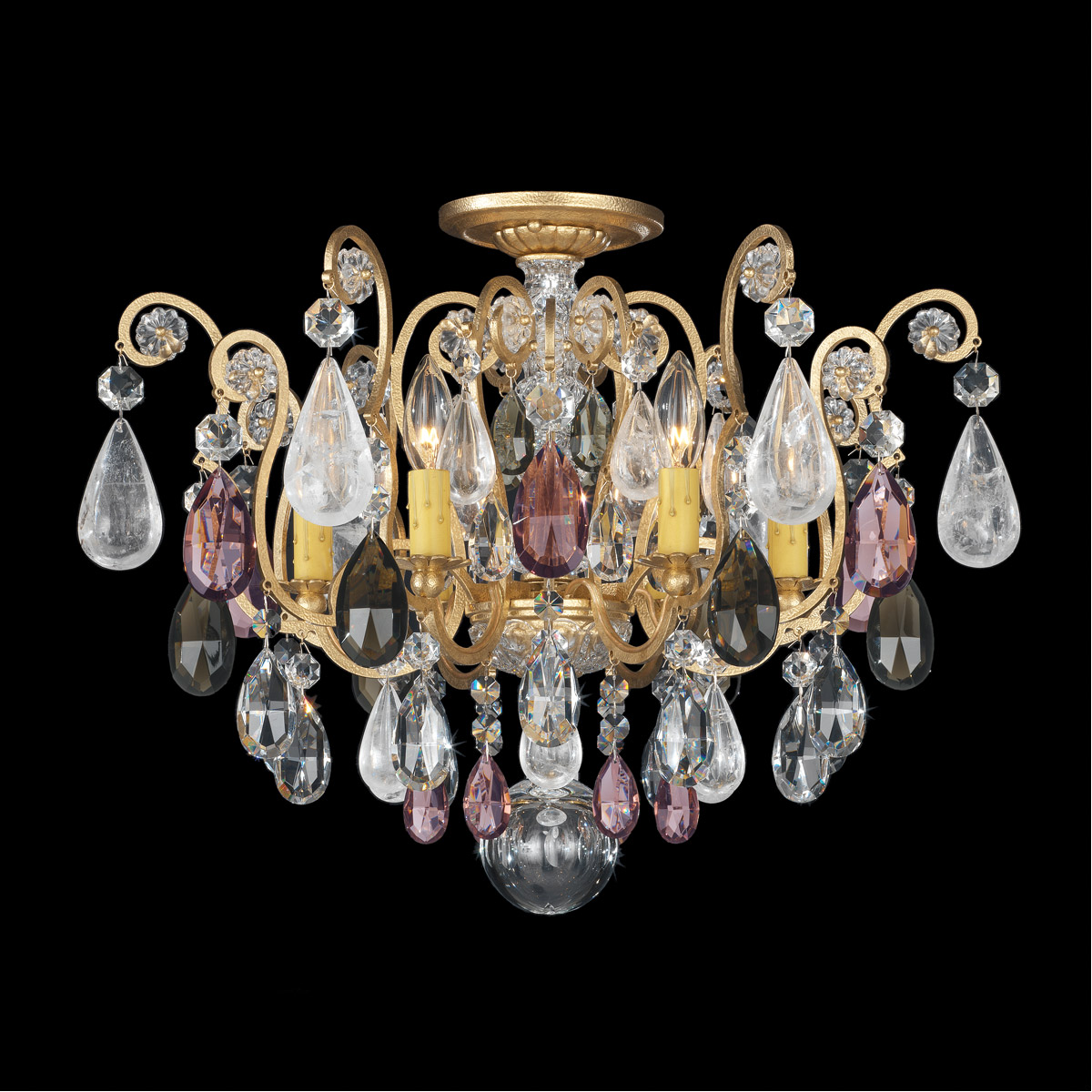 Renaissance Rock Crystal 6 Light 20 inch Etruscan Gold Semi-Flush Mount Ceiling Light in Rock Amethyst and Black Diamond
