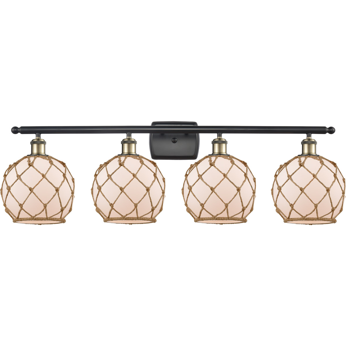 Ballston Farmhouse Rope 4 Light 36 inch Black Antique Brass Bath Vanity Light Wall Light in White Glass with Brown Rope, Ballston