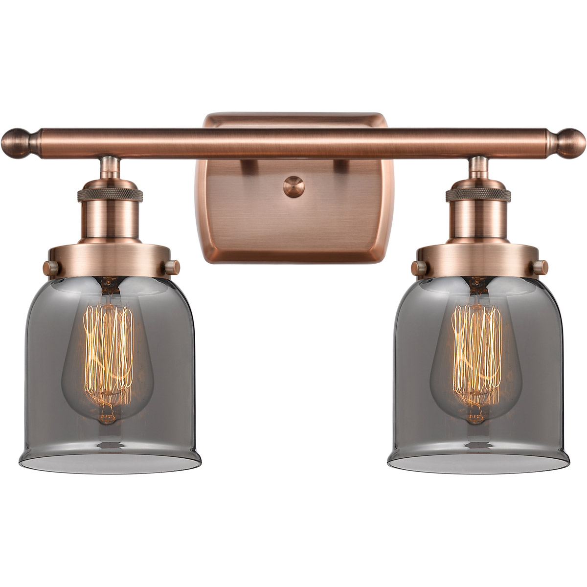 Ballston Small Bell 2 Light 16 inch Antique Copper Bath Vanity Light Wall Light in Plated Smoke Glass