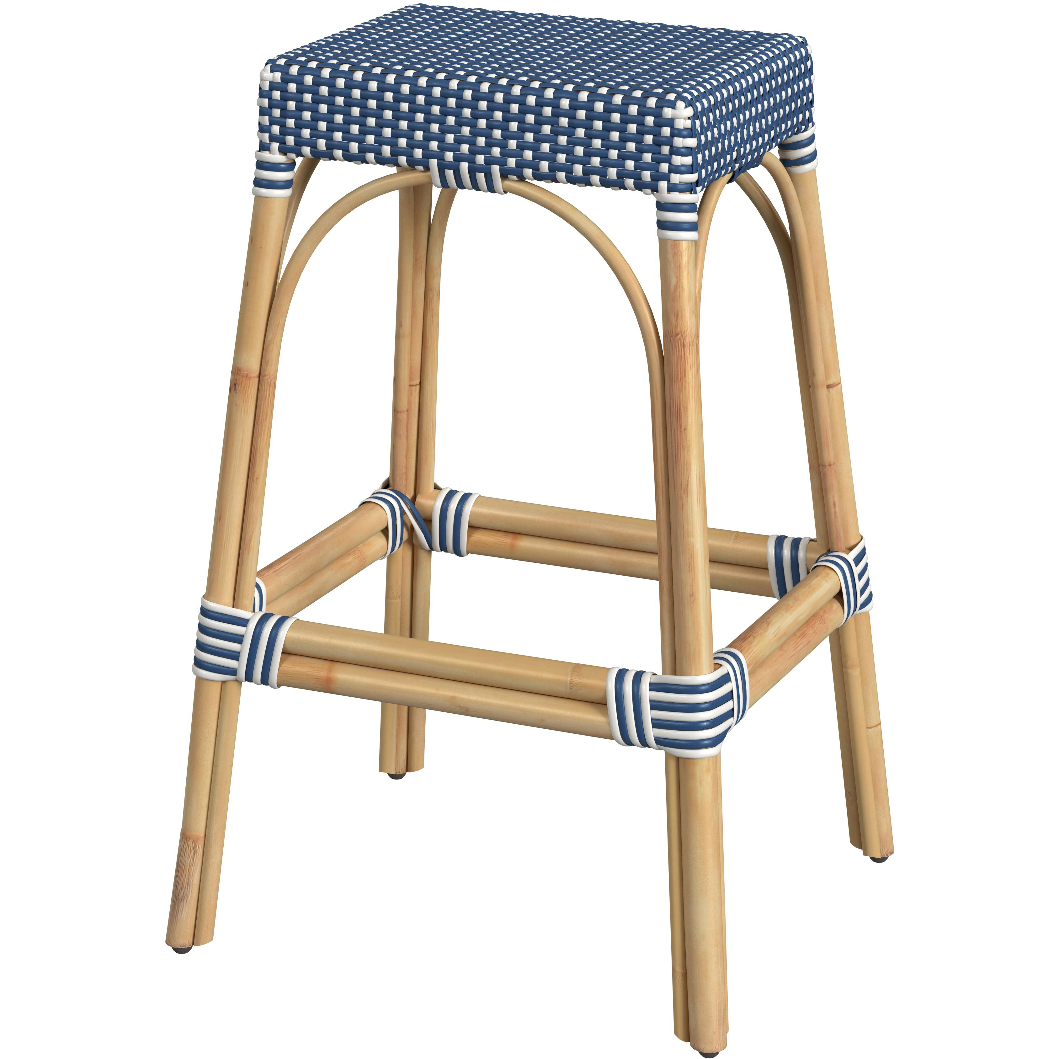 Robias Rectangular Rattan 30" Bar Stool in Blue and White Dot