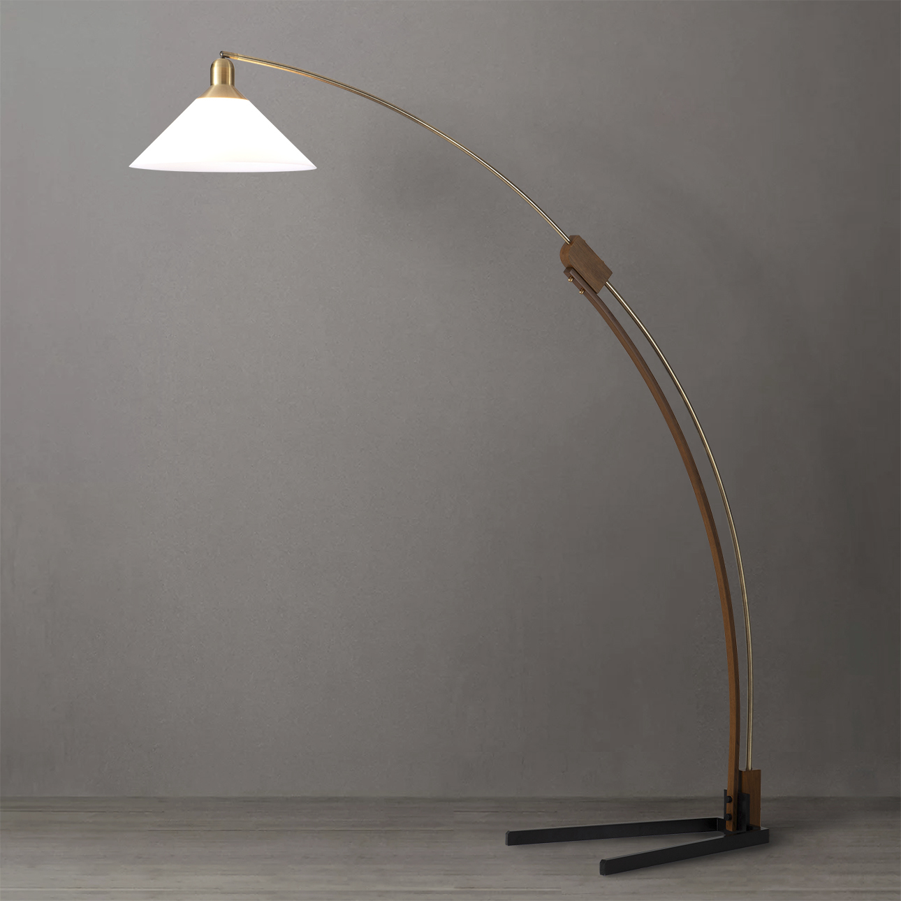 Melmar 80 inch 9 watt Walnut and Weathered Brass with Black Arc Floor Lamp Portable Light