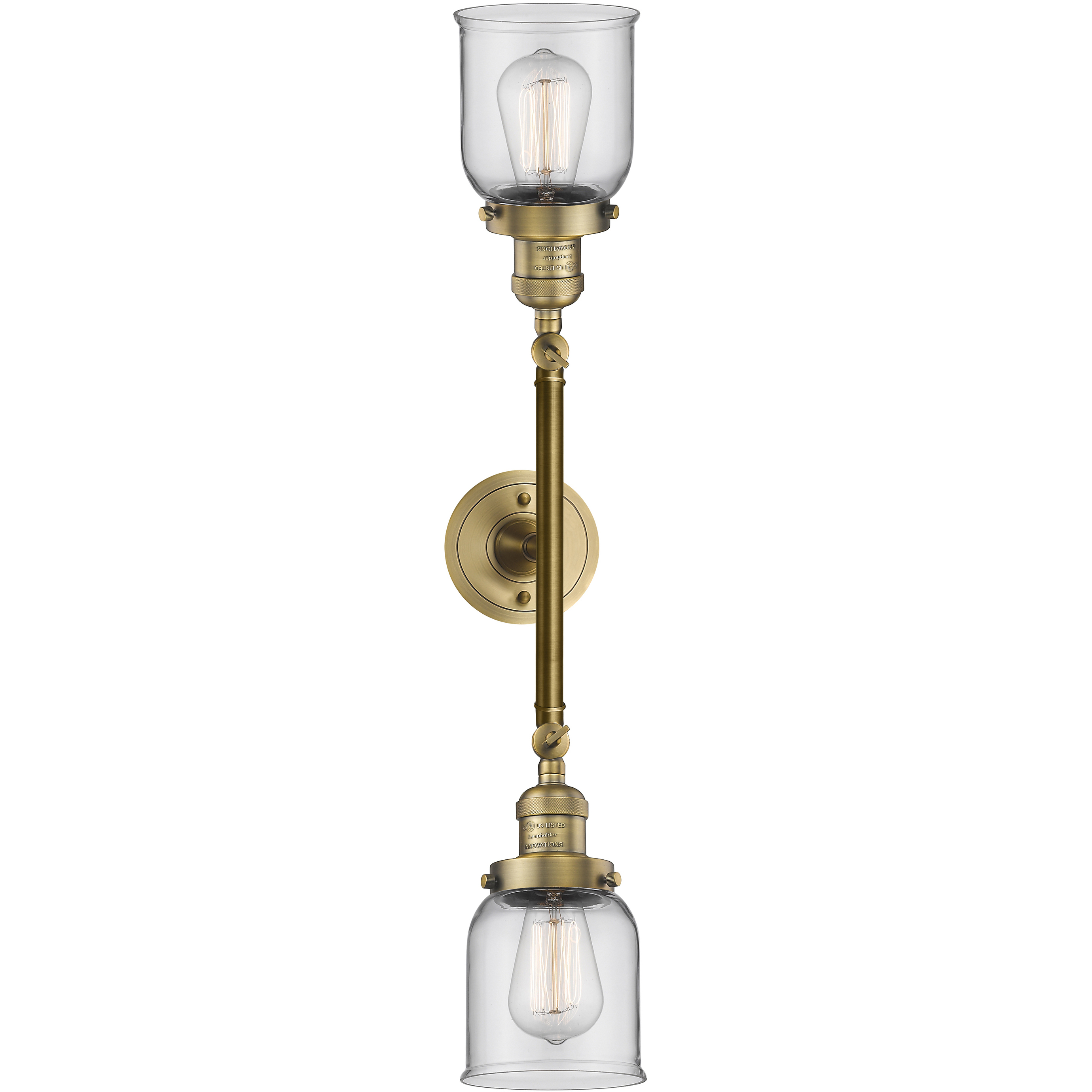 Franklin Restoration Small Bell 2 Light 16 inch Brushed Brass Bath Vanity Light Wall Light in Clear Glass, Franklin Restoration