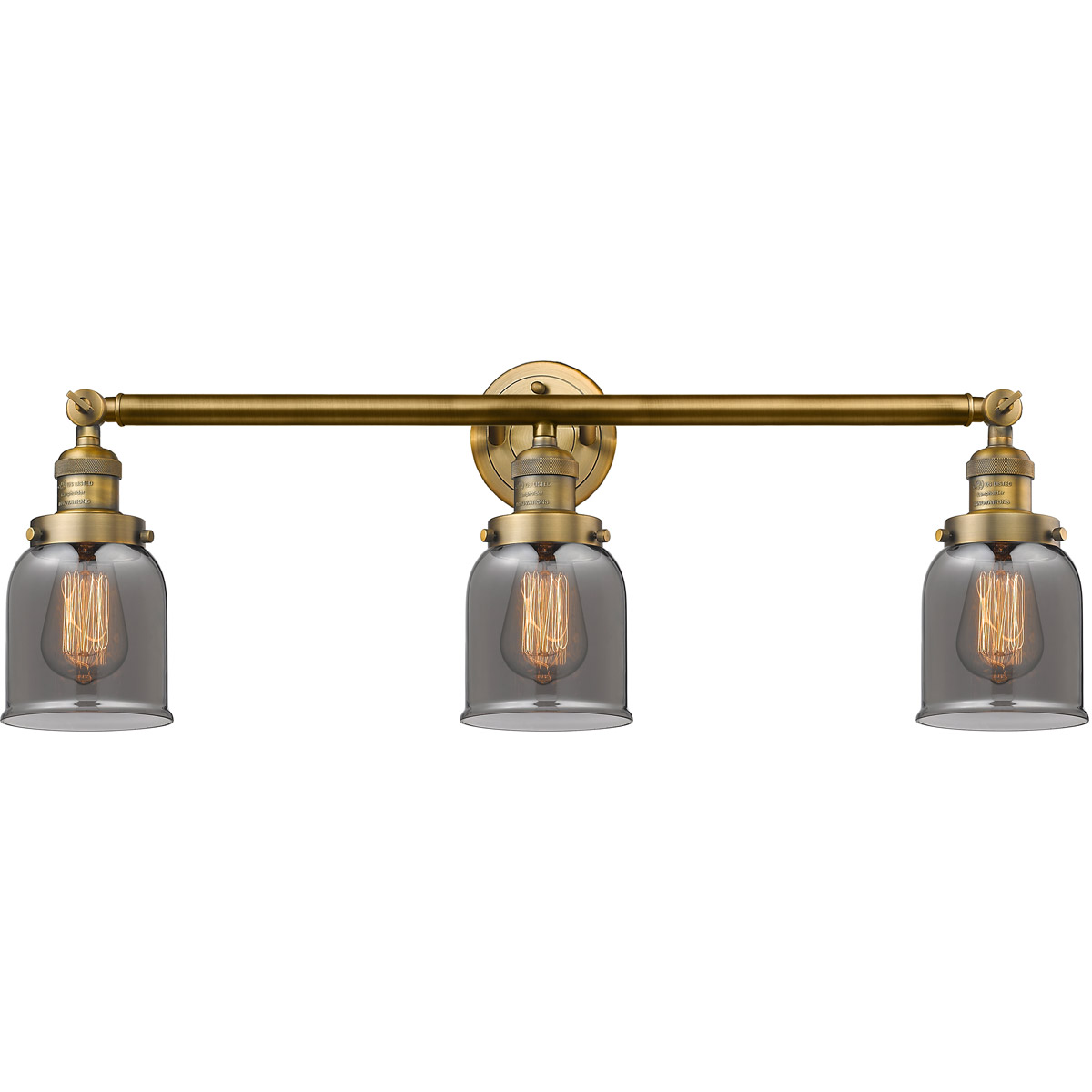 Franklin Restoration Small Bell 3 Light 30 inch Brushed Brass Bath Vanity Light Wall Light in Plated Smoke Glass, Franklin Restoration