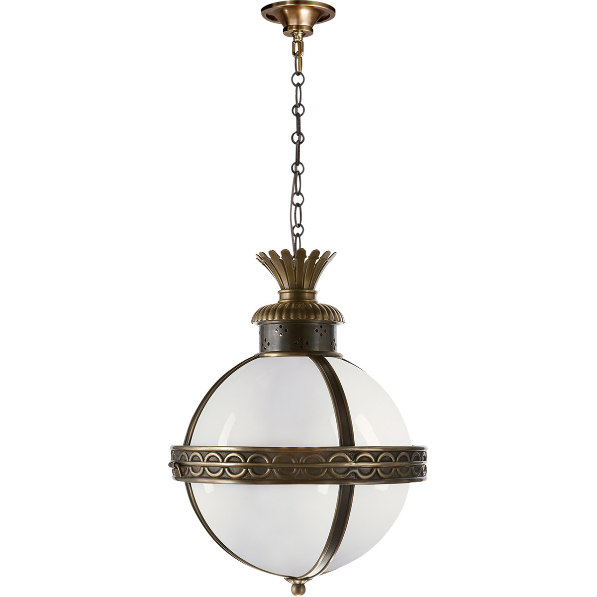 E. F. Chapman Crown Top 3 Light 15 inch Bronze with Antique Brass Accents Foyer Pendant Ceiling Light in White Glass, Bronze and Antique Burnished Brass