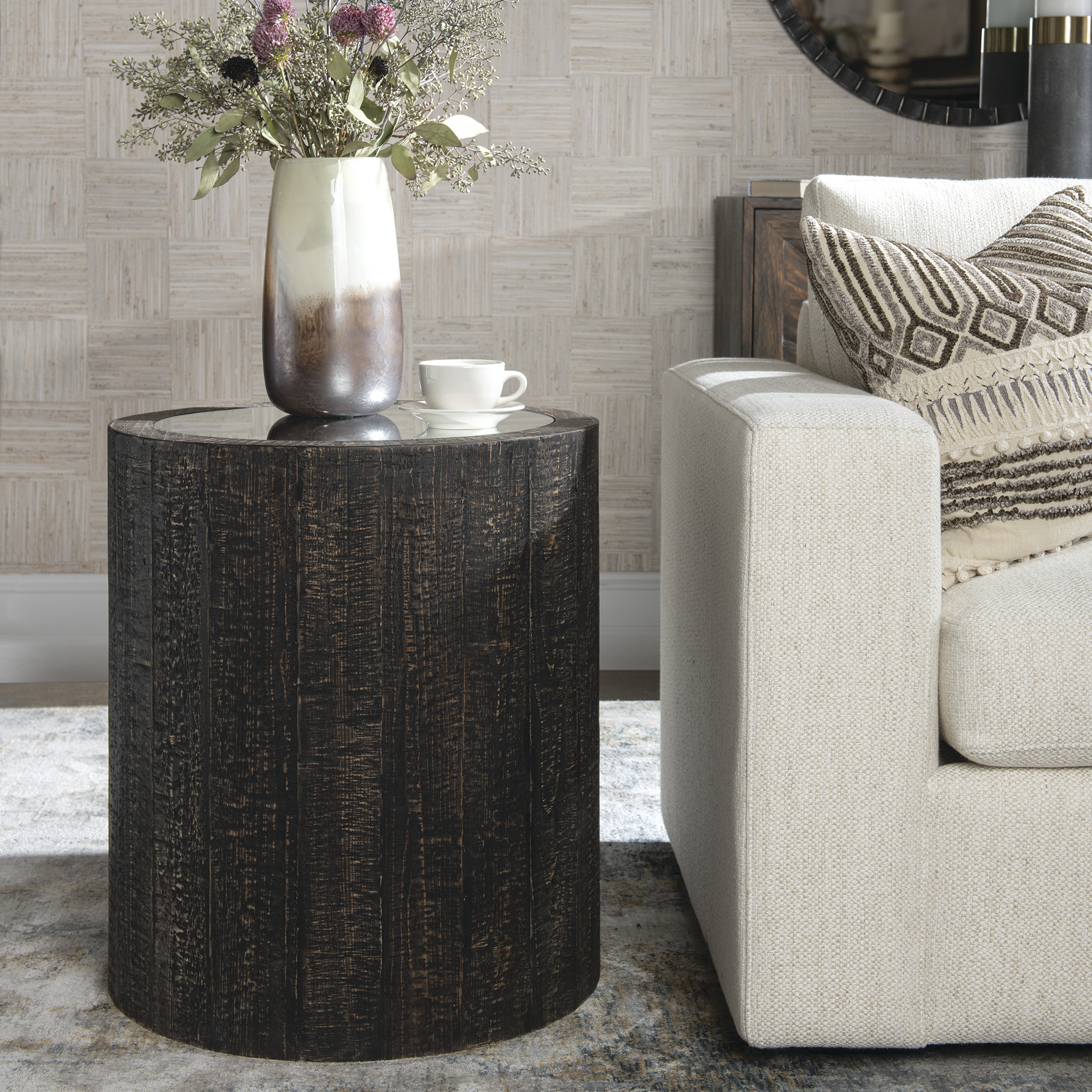 Sequoia 25 X 22 inch Rustic Dark Walnut and Natural Woodgrain Texture Mirrored Drum Table