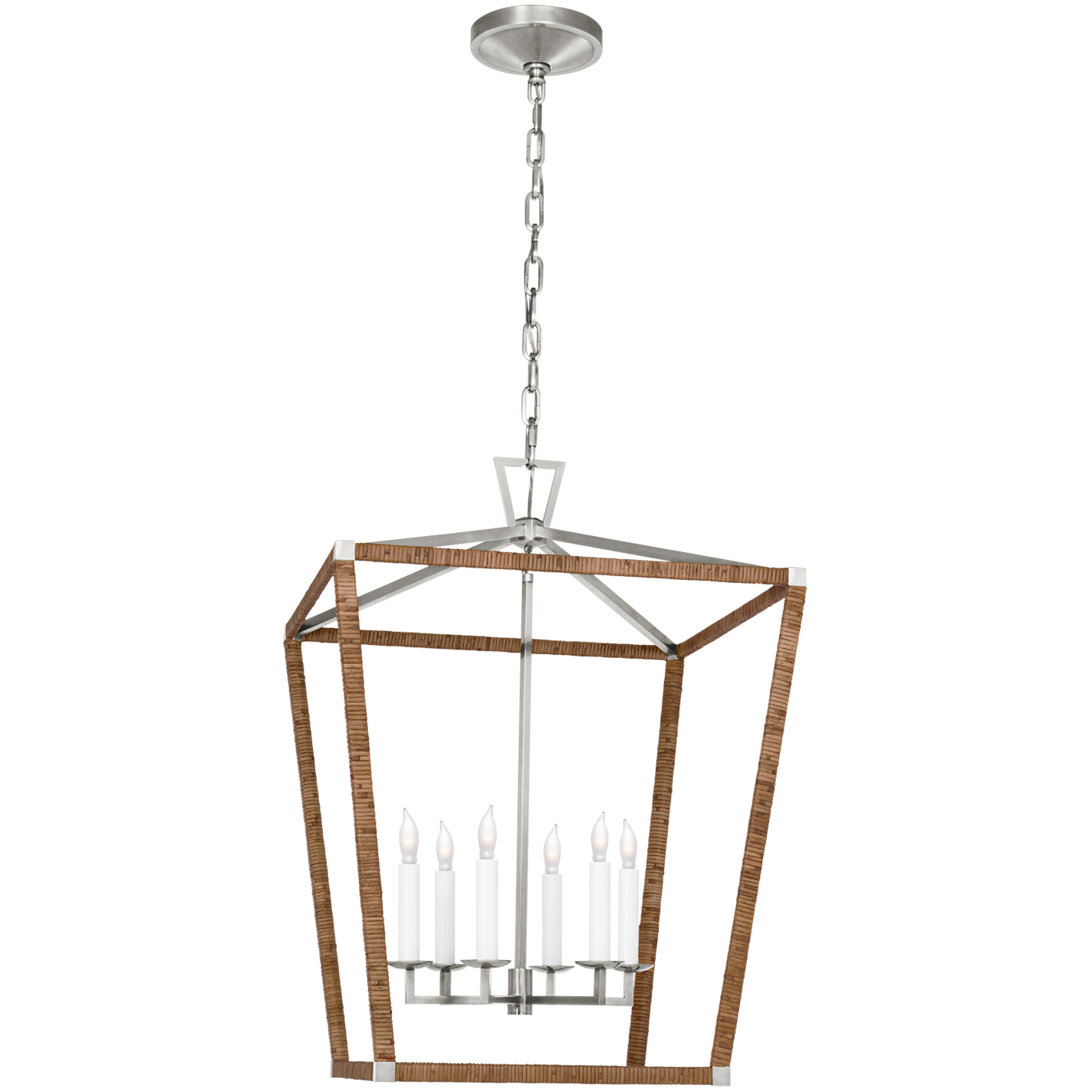 Chapman & Myers Darlana5 LED 24 inch Polished Nickel and Natural Rattan Wrapped Lantern Pendant Ceiling Light, Large