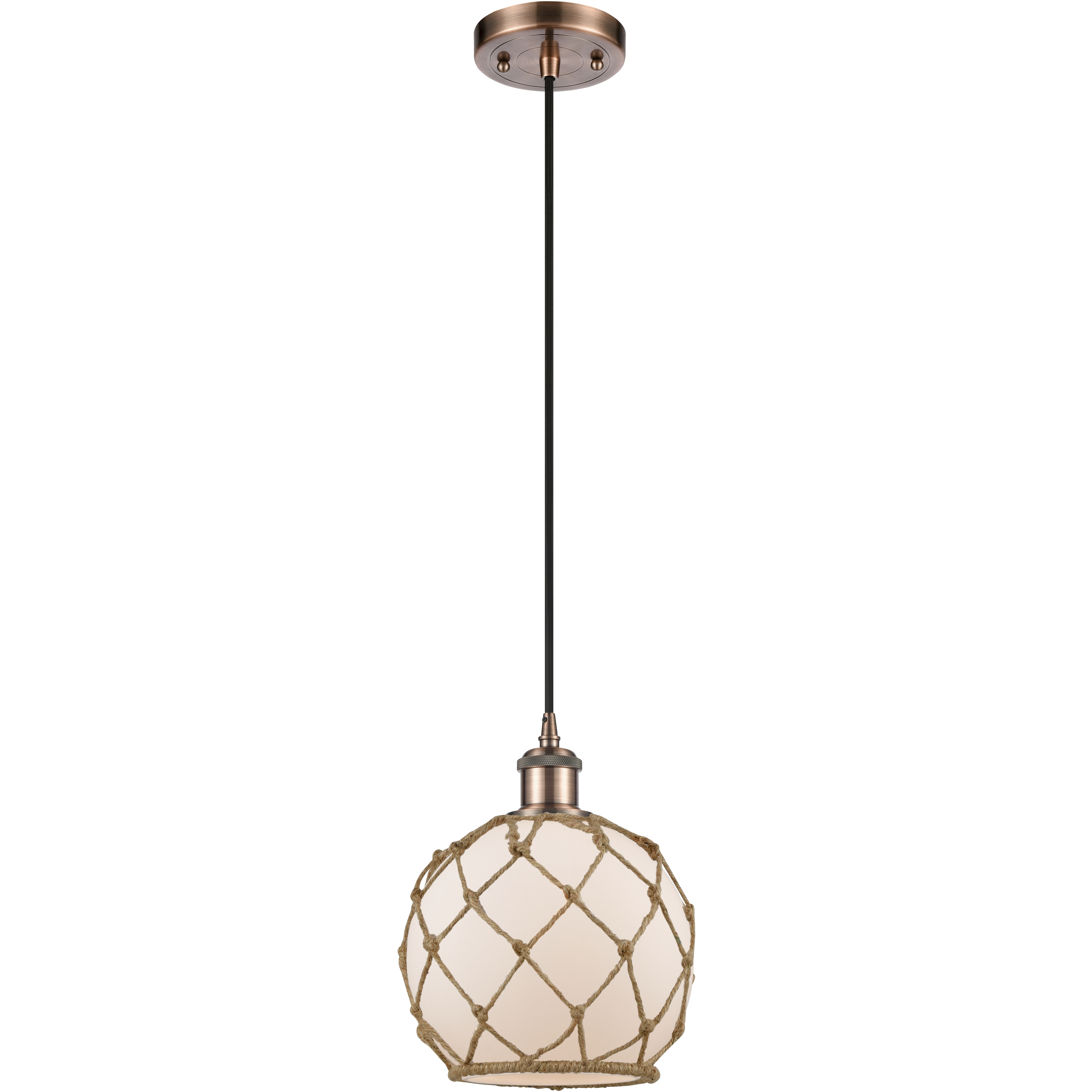 Ballston Farmhouse Rope LED 8 inch Antique Copper Mini Pendant Ceiling Light in White Glass with Brown Rope, Ballston