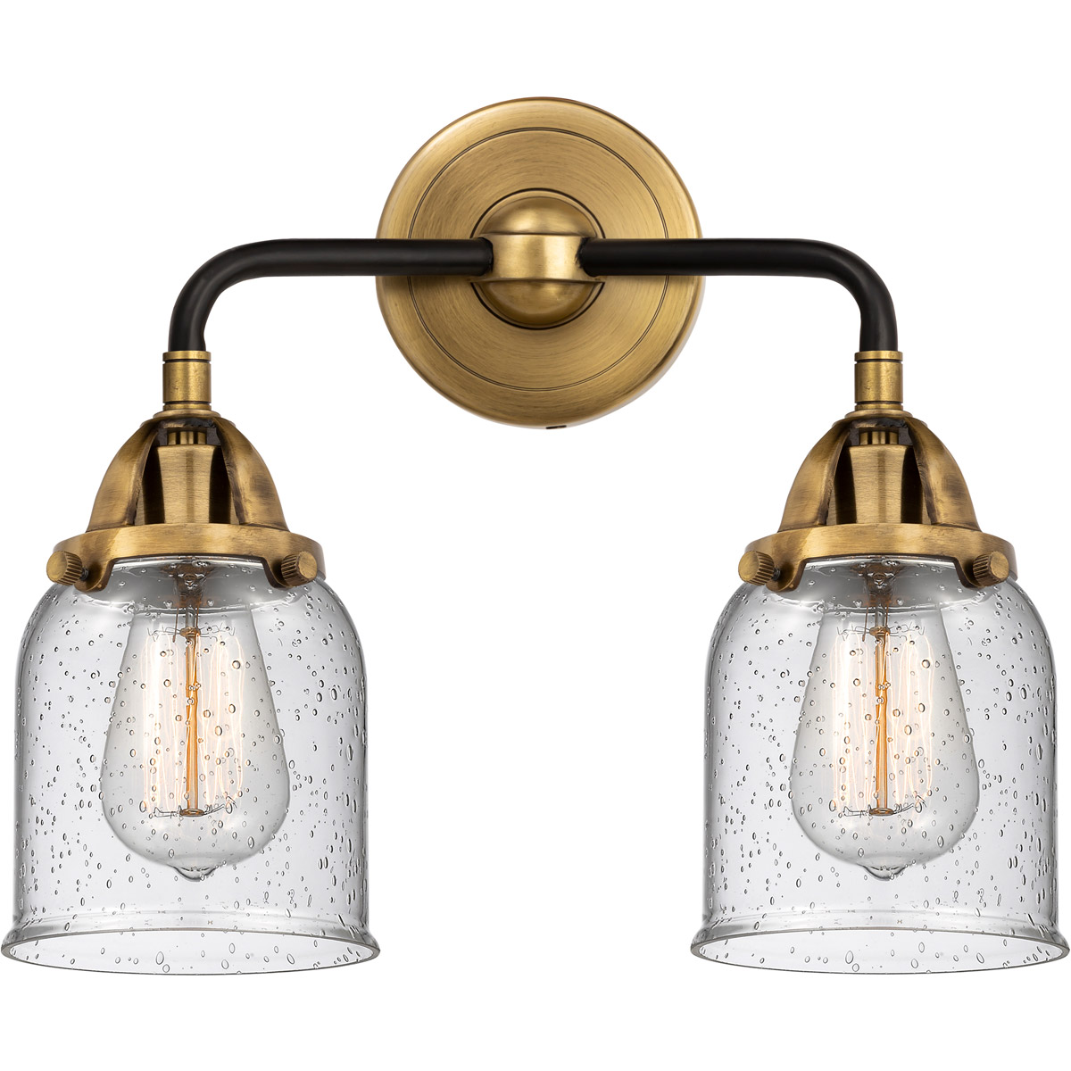 Nouveau 2 Small Bell 2 Light 13 inch Black Antique Brass Bath Vanity Light Wall Light in Seedy Glass