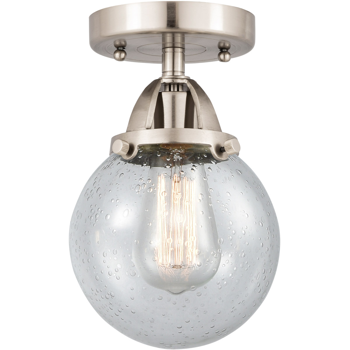 Nouveau 2 Beacon 1 Light 6 inch Brushed Satin Nickel Semi-Flush Mount Ceiling Light in Seedy Glass