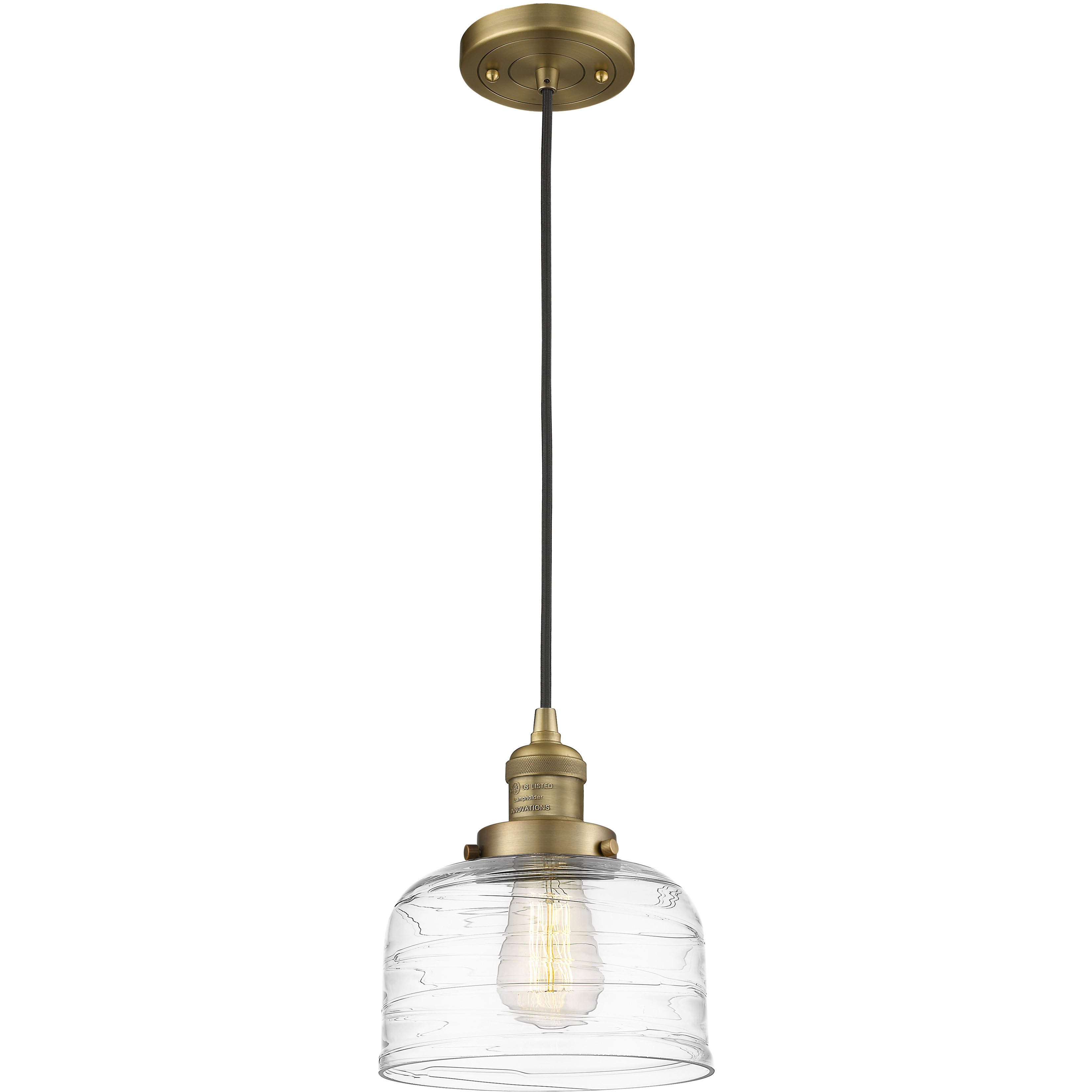 Franklin Restoration Bell LED 8 inch Brushed Brass Mini Pendant Ceiling Light in Clear Deco Swirl