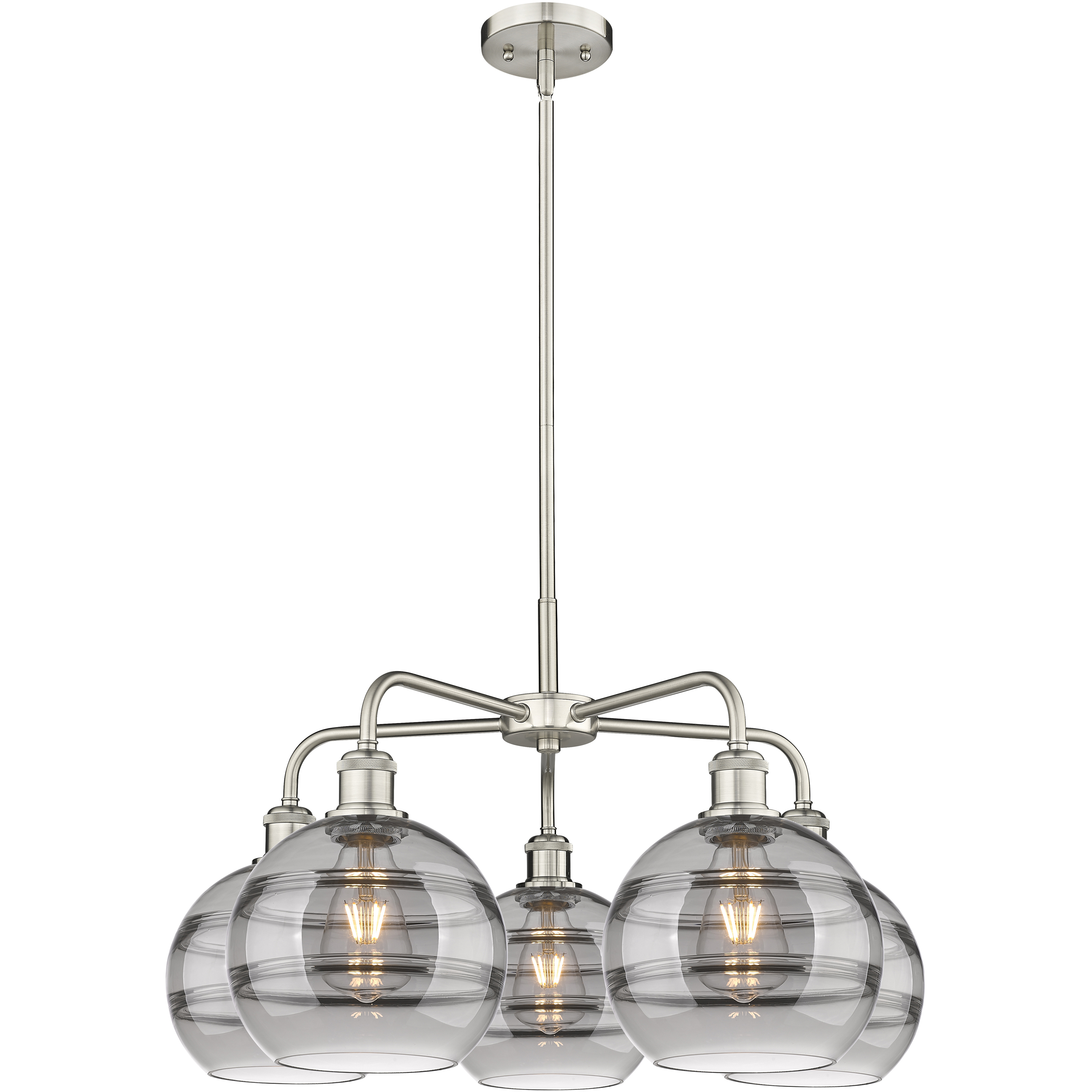 Ballston Rochester 5 Light 26 inch Satin Nickel Stem Hung Chandelier Ceiling Light in Light Smoke Glass