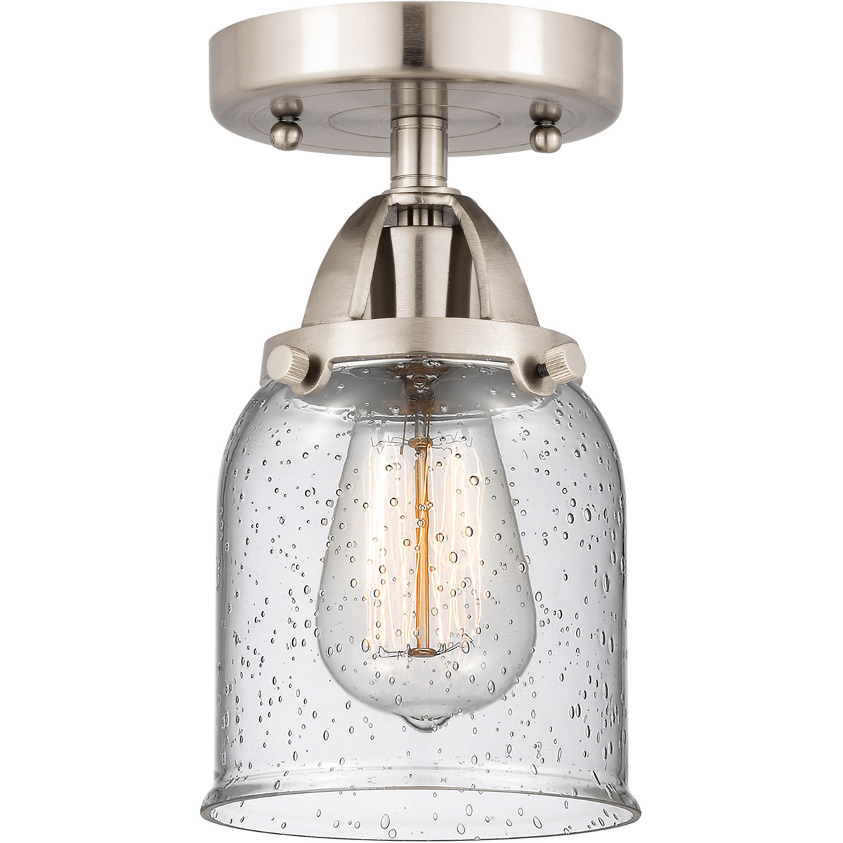 Nouveau 2 Small Bell LED 5 inch Brushed Satin Nickel Semi-Flush Mount Ceiling Light in Seedy Glass