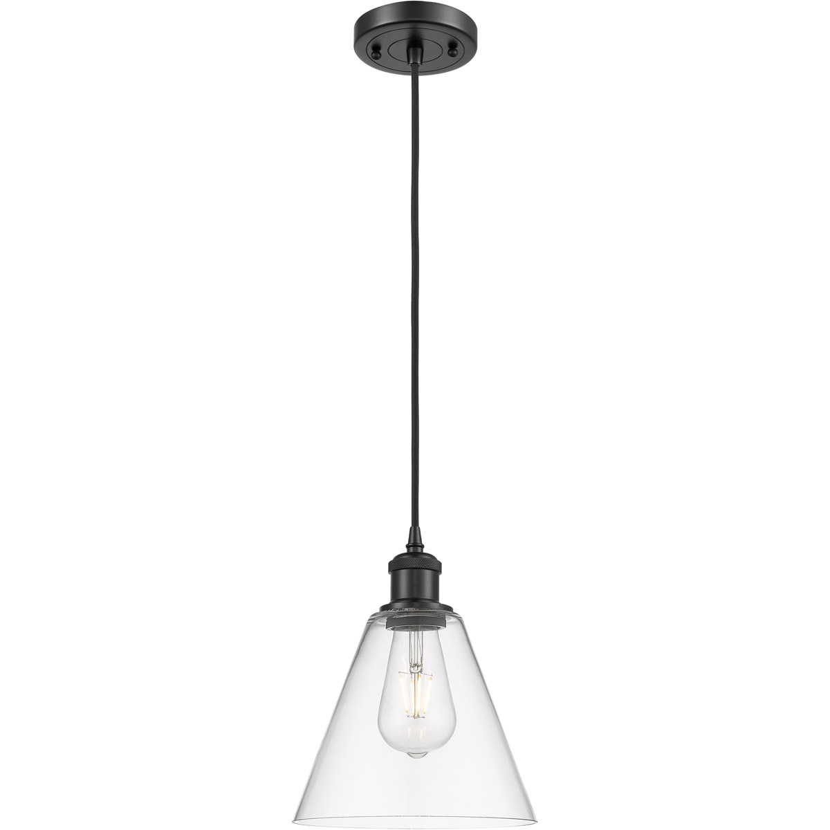 Ballston Cone LED 8 inch Matte Black Mini Pendant Ceiling Light in Clear Glass, Black Textured