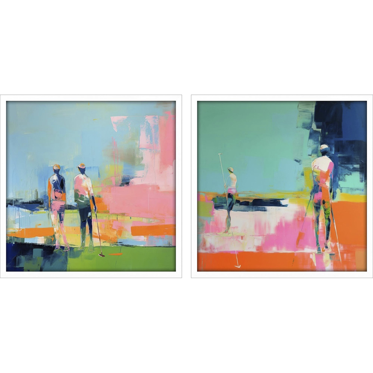 Golf Players Turquoise and Green and Pink and Orange Framed Art