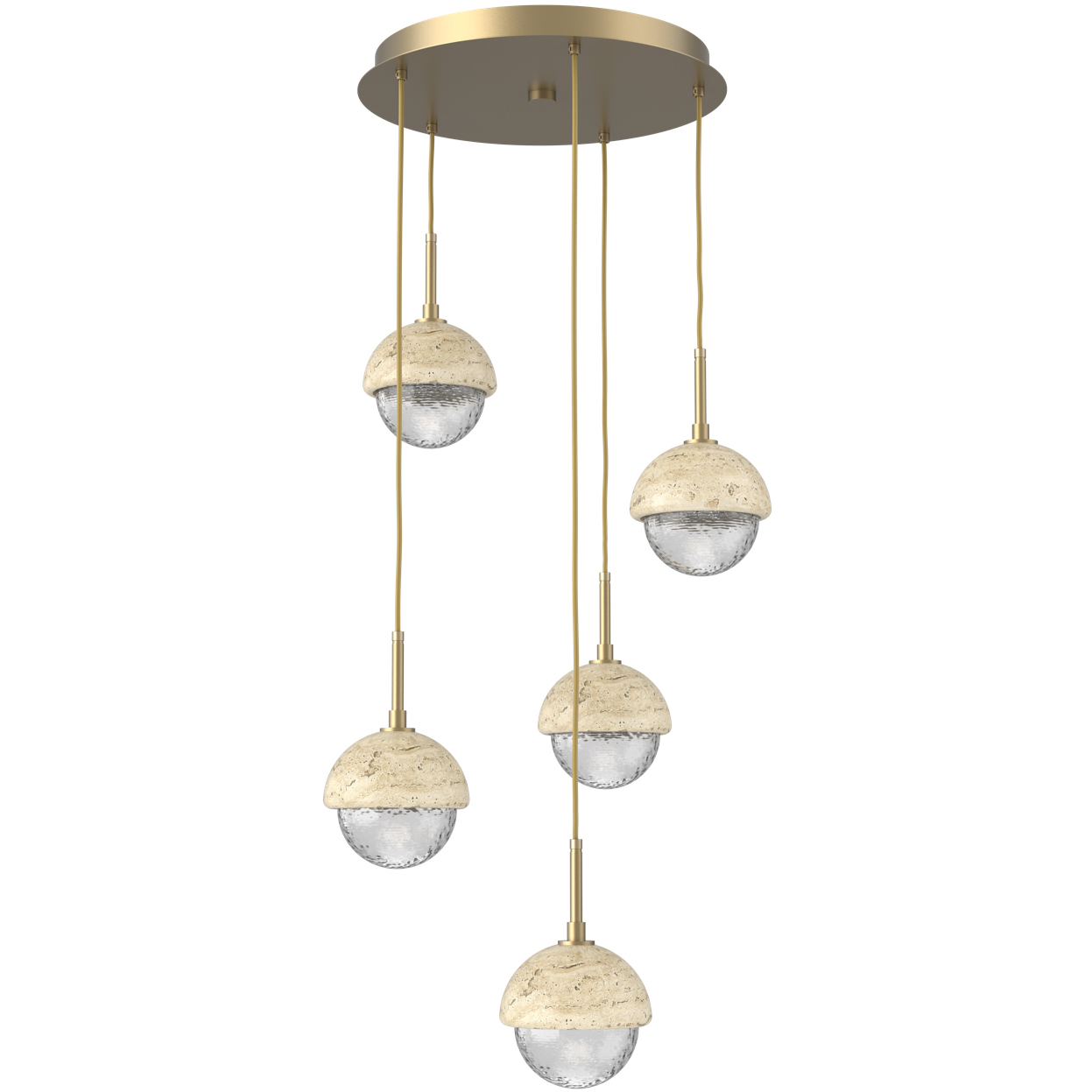 Cabochon LED Gilded Brass with Travertine Stone Pendant Chandelier Ceiling Light in Clear, 2700K LED