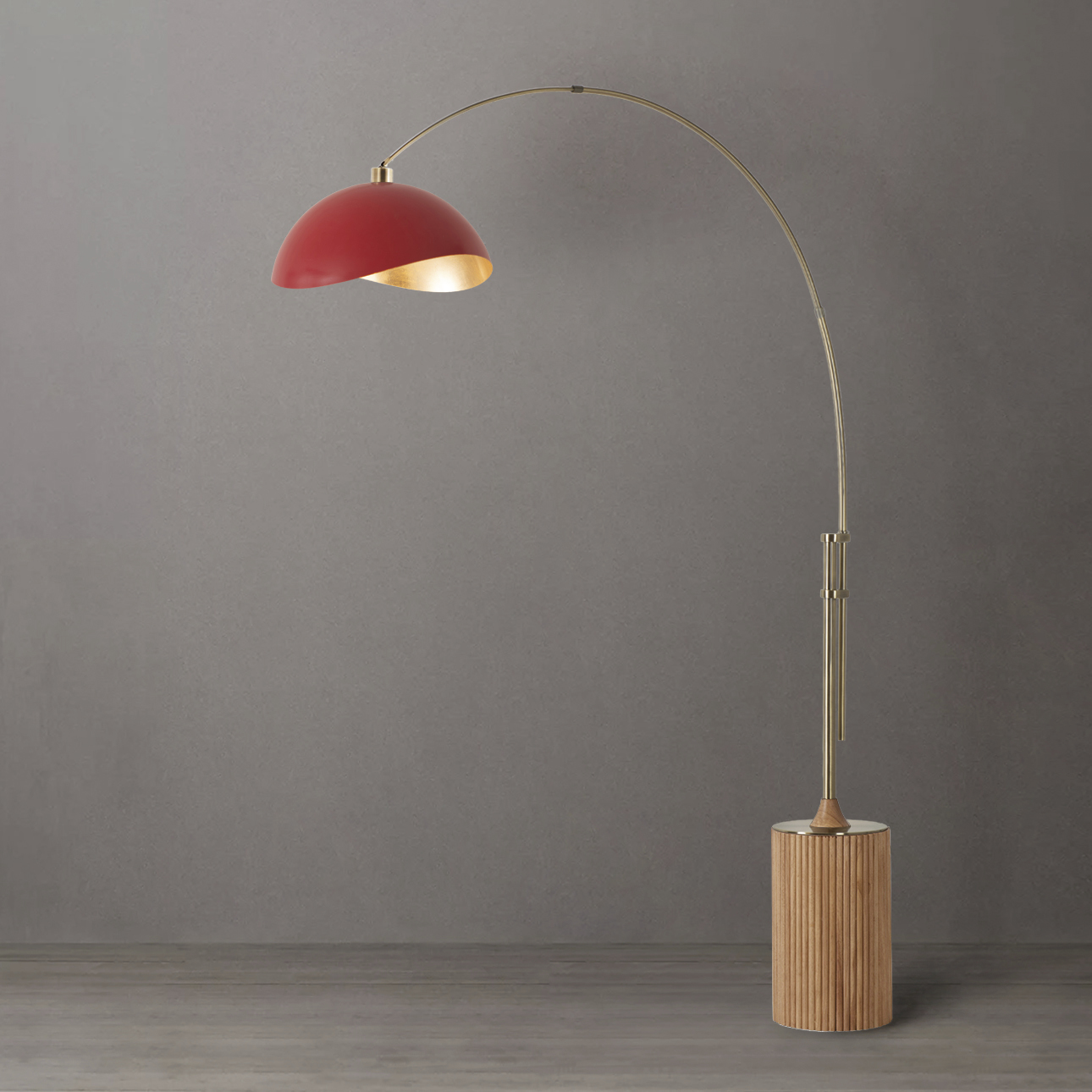 Tambo 92 inch 14 watt Weathered Brass and Natural Ash Arc Floor Lamp Portable Light in Matte Red and Gold Steel
