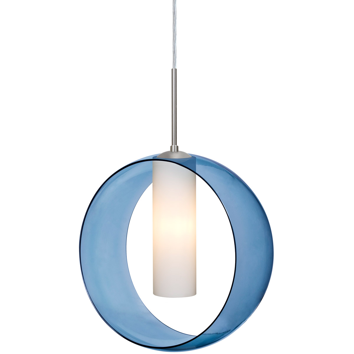 Plato LED Satin Nickel Cord Pendant Ceiling Light in Transparent Blue with Opal Glass
