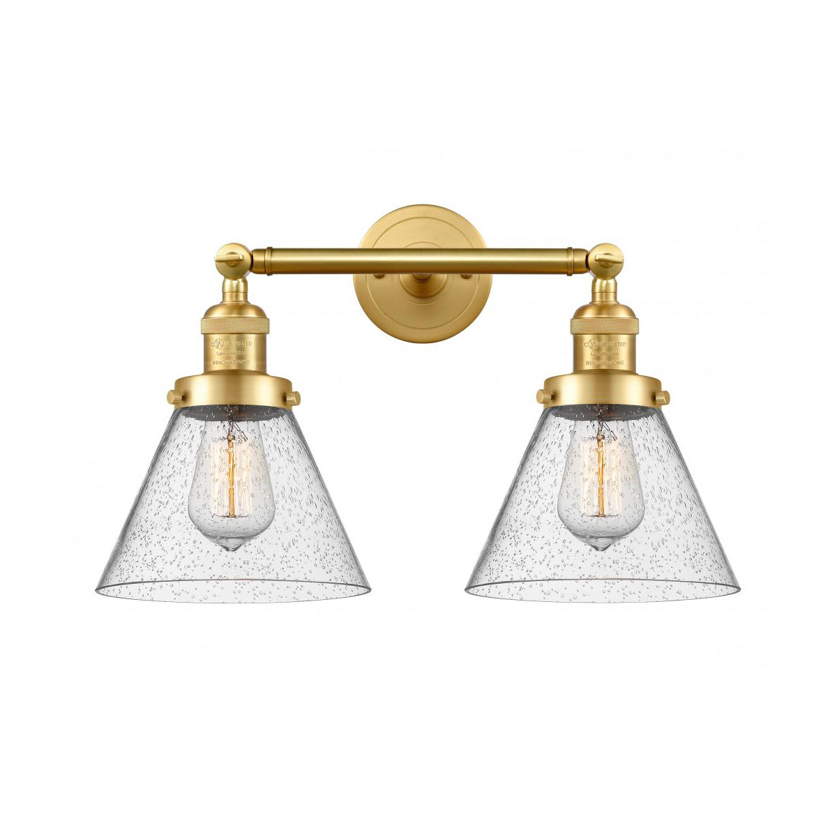 Franklin Restoration Large Cone 2 Light 18 inch Satin Gold Bath Vanity Light Wall Light in Seedy Glass, Franklin Restoration
