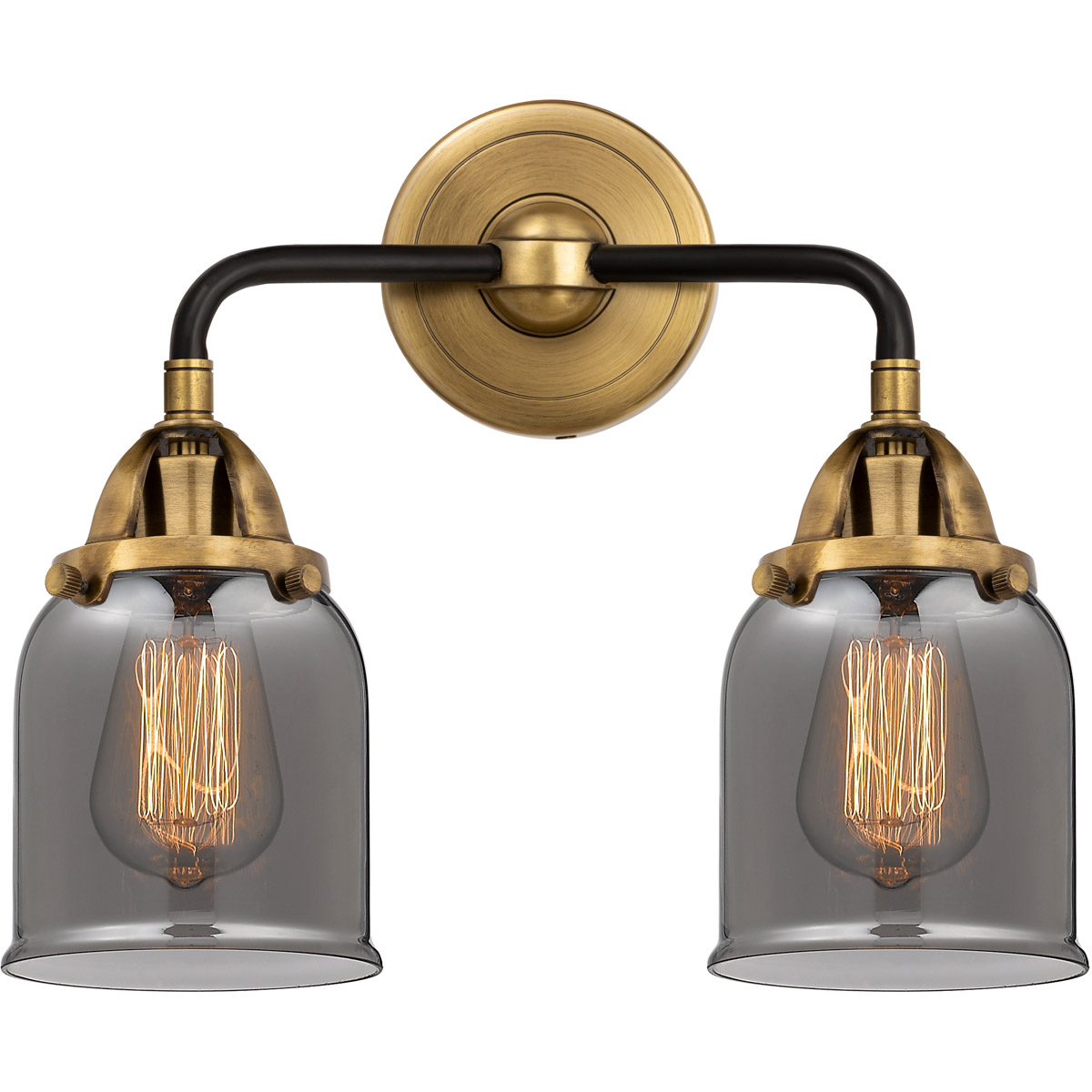 Nouveau 2 Small Bell 2 Light 13 inch Black Antique Brass Bath Vanity Light Wall Light in Plated Smoke Glass
