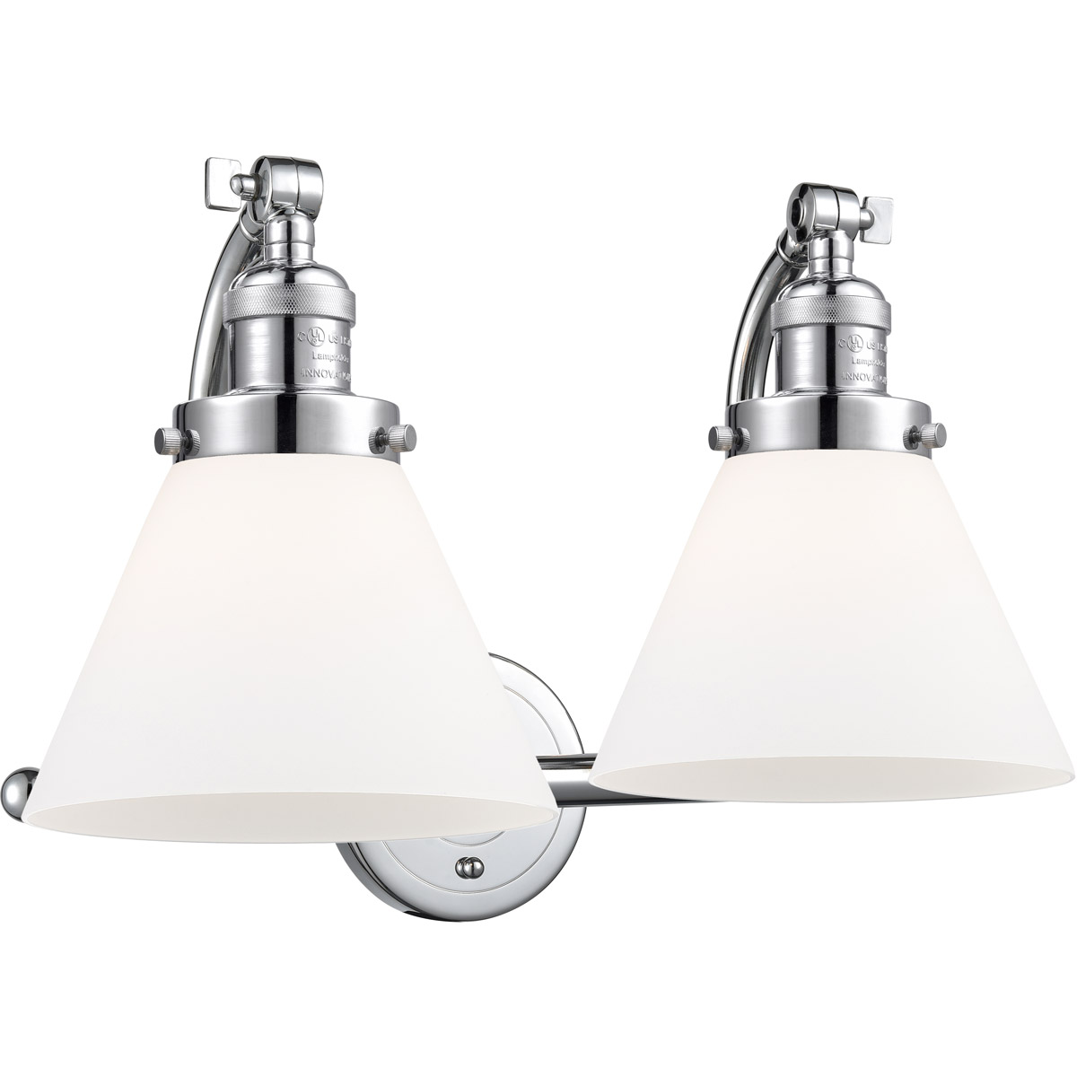 Franklin Restoration Large Cone 2 Light 18 inch Polished Chrome Bath Vanity Light Wall Light in Matte White Glass, Franklin Restoration