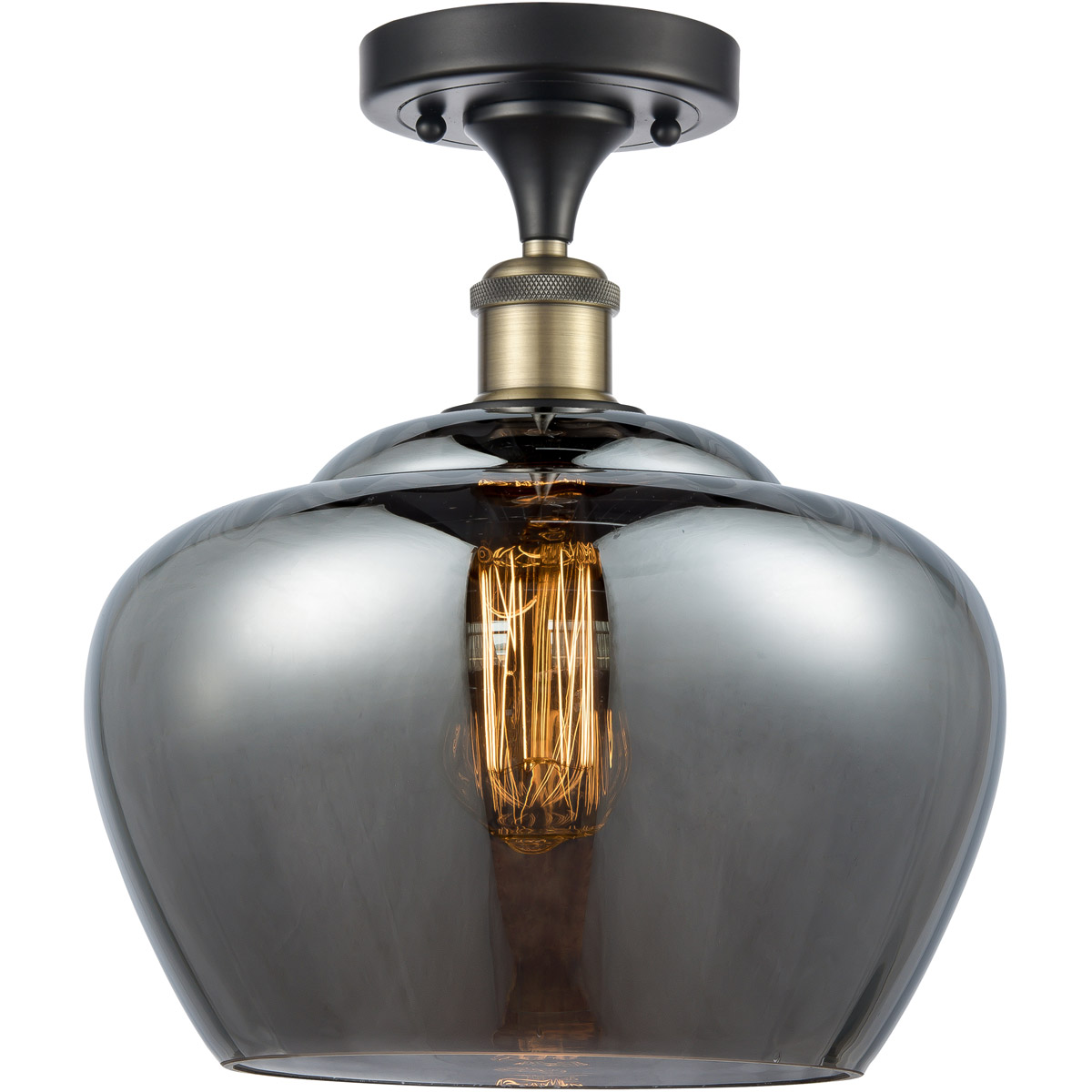 Ballston Large Fenton LED 11 inch Black Antique Brass Semi-Flush Mount Ceiling Light in Plated Smoke Glass, Ballston