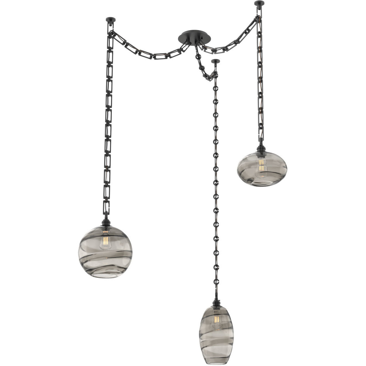 Misto 3 Light 15.5 inch Matte Black Swag Multi-Pendant Ceiling Light in Optic Rib Smoke, Rectangular Chain