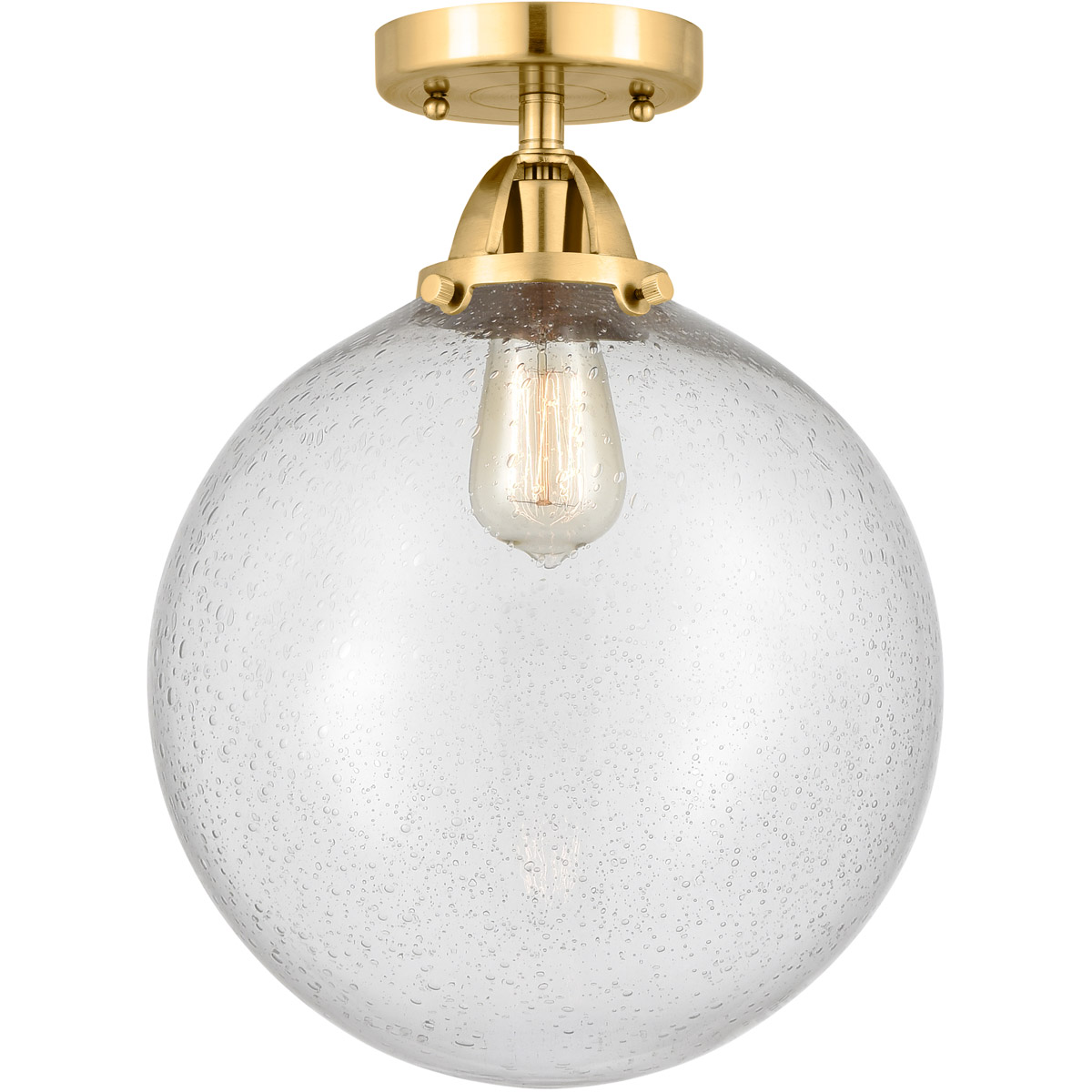 Nouveau 2 Beacon LED 12 inch Satin Gold Semi-Flush Mount Ceiling Light in Seedy Glass