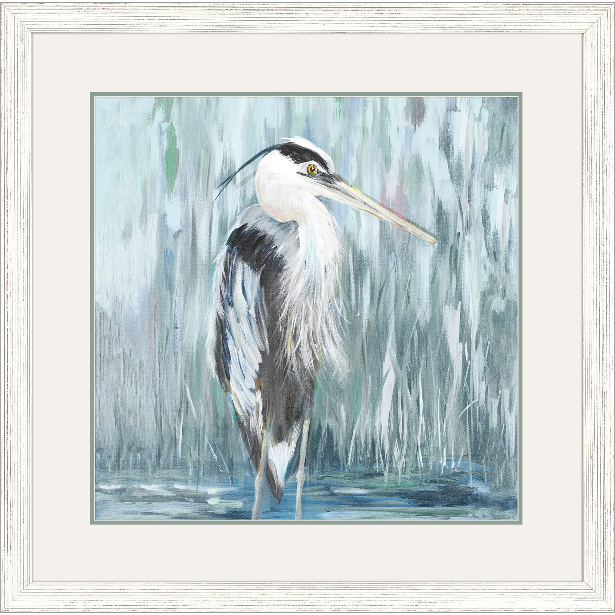 Standing Still Heron Blue and Green and Teal and White Framed Art