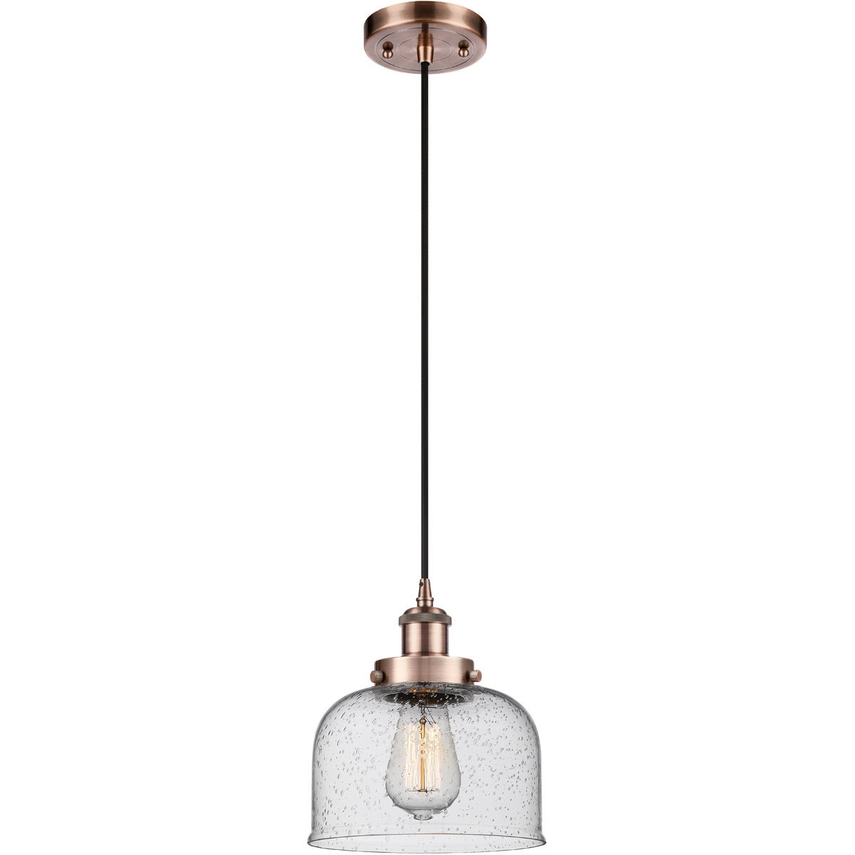 Ballston Large Bell 1 Light 8 inch Antique Copper Mini Pendant Ceiling Light in Seedy Glass