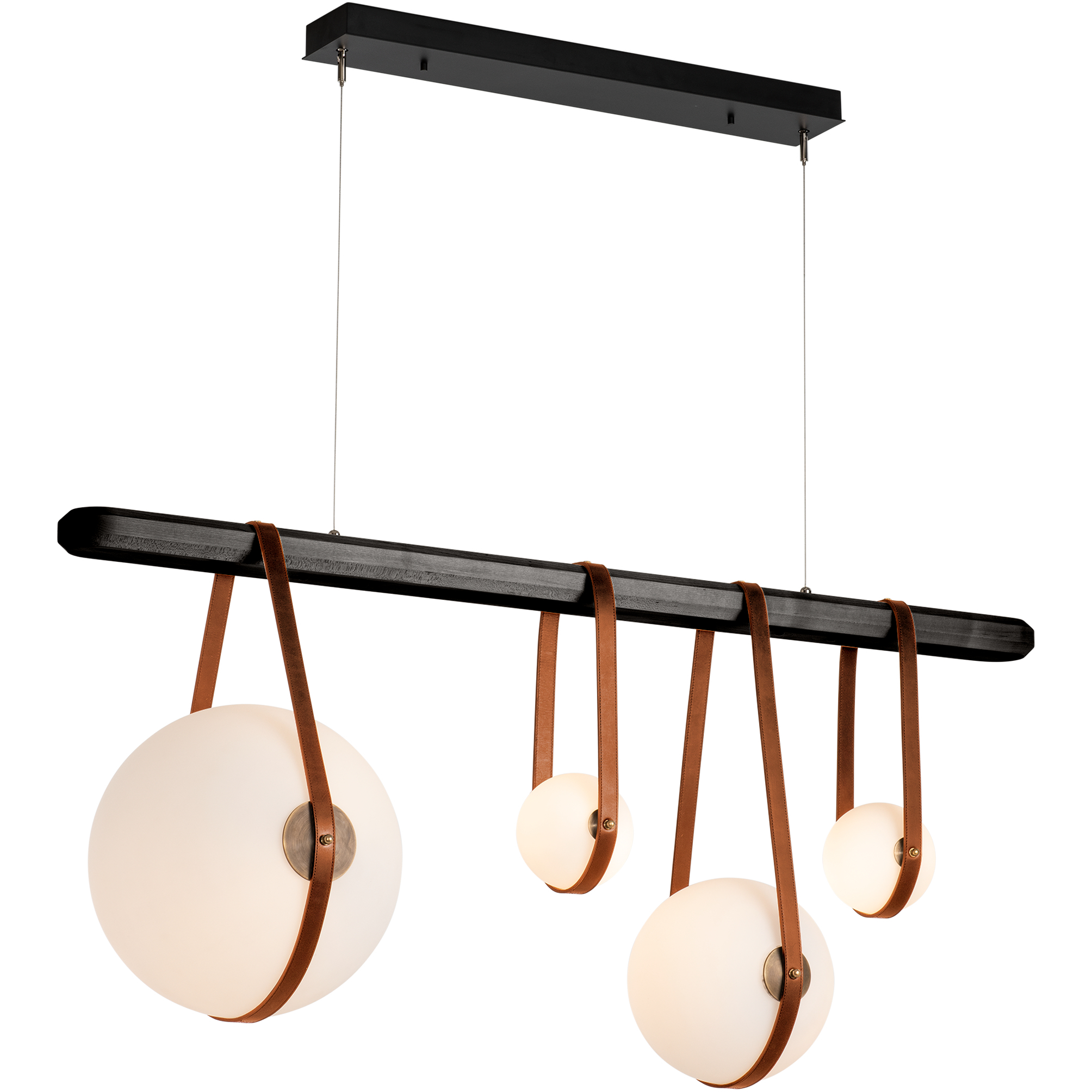 Derby LED 52 inch Black and Antique Brass Linear Pendant Ceiling Light in Leather Chestnut/Black Wood, Black/Antique Brass