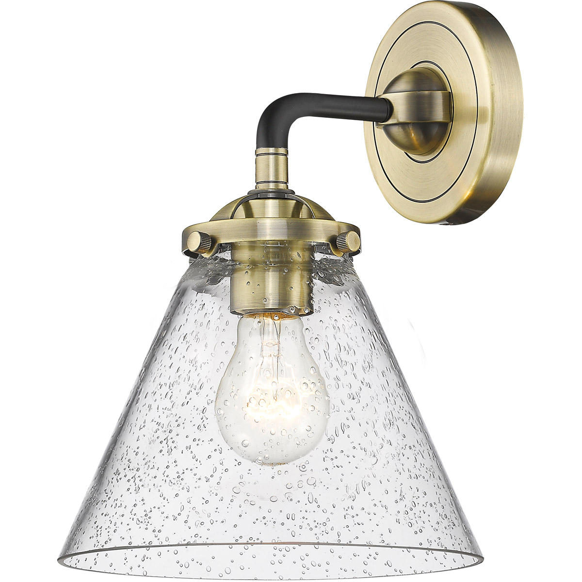Nouveau Large Cone 1 Light 8 inch Black Antique Brass Sconce Wall Light in Seedy Glass, Nouveau