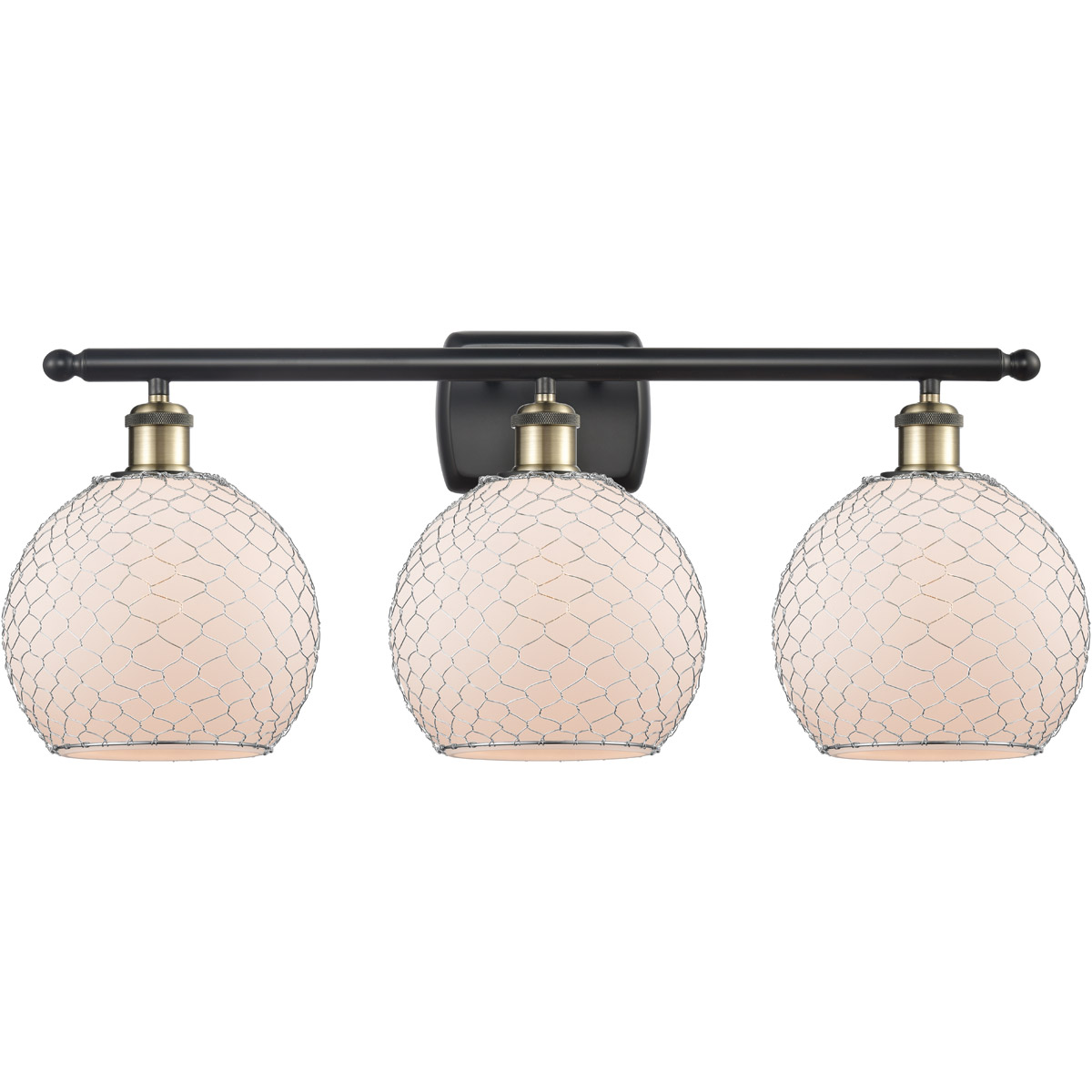 Ballston Farmhouse Chicken Wire 3 Light 26 inch Black Antique Brass Bath Vanity Light Wall Light, Ballston