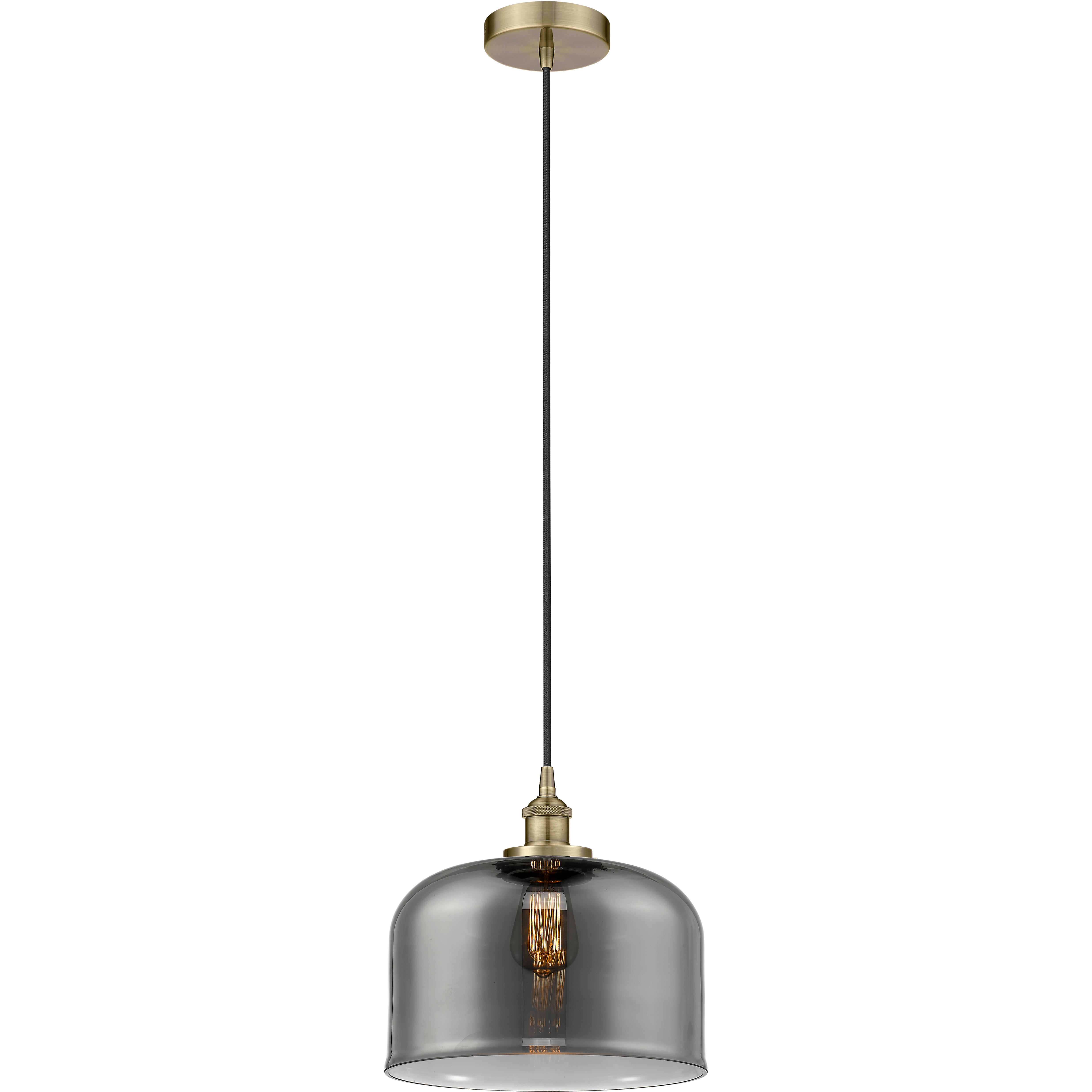 Edison Bell LED 12 inch Antique Brass Mini Pendant Ceiling Light in Plated Smoke Glass