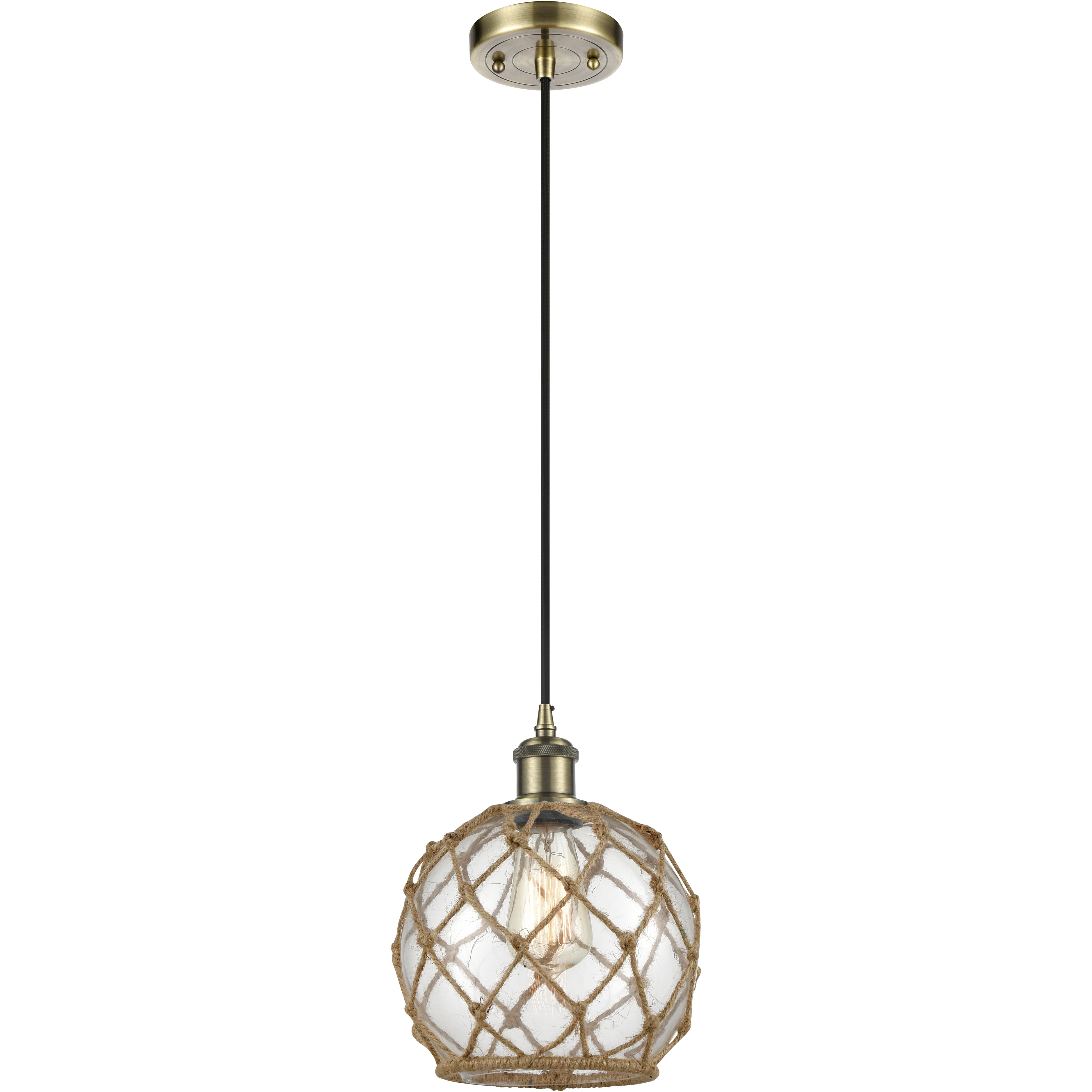 Ballston Farmhouse Rope 1 Light 8 inch Antique Brass Mini Pendant Ceiling Light in Bulb Not Included, Clear Glass with Brown Rope, Ballston