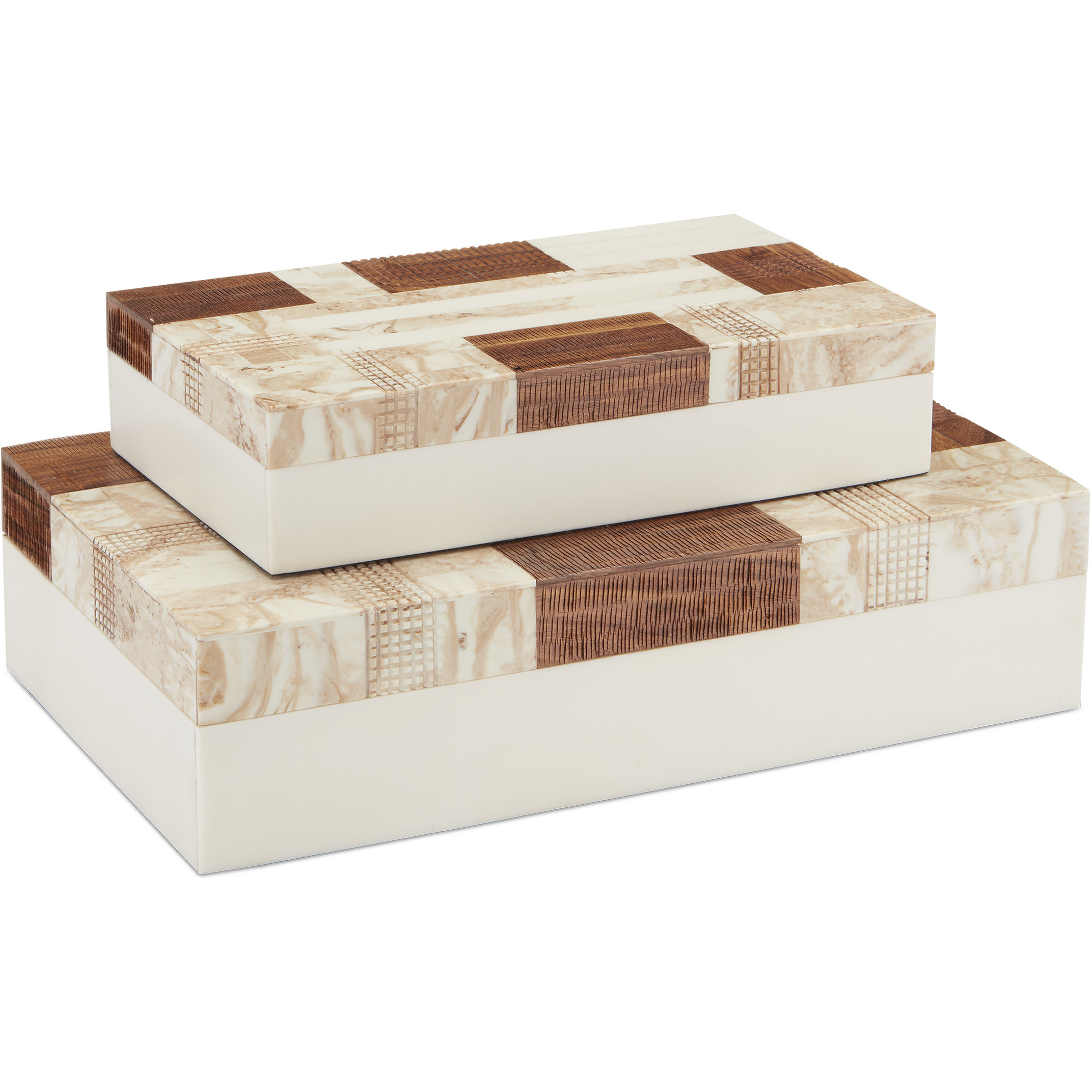 1940s 9 inch Beige and Brown and Ivory and Natural Boxes, Set of 2