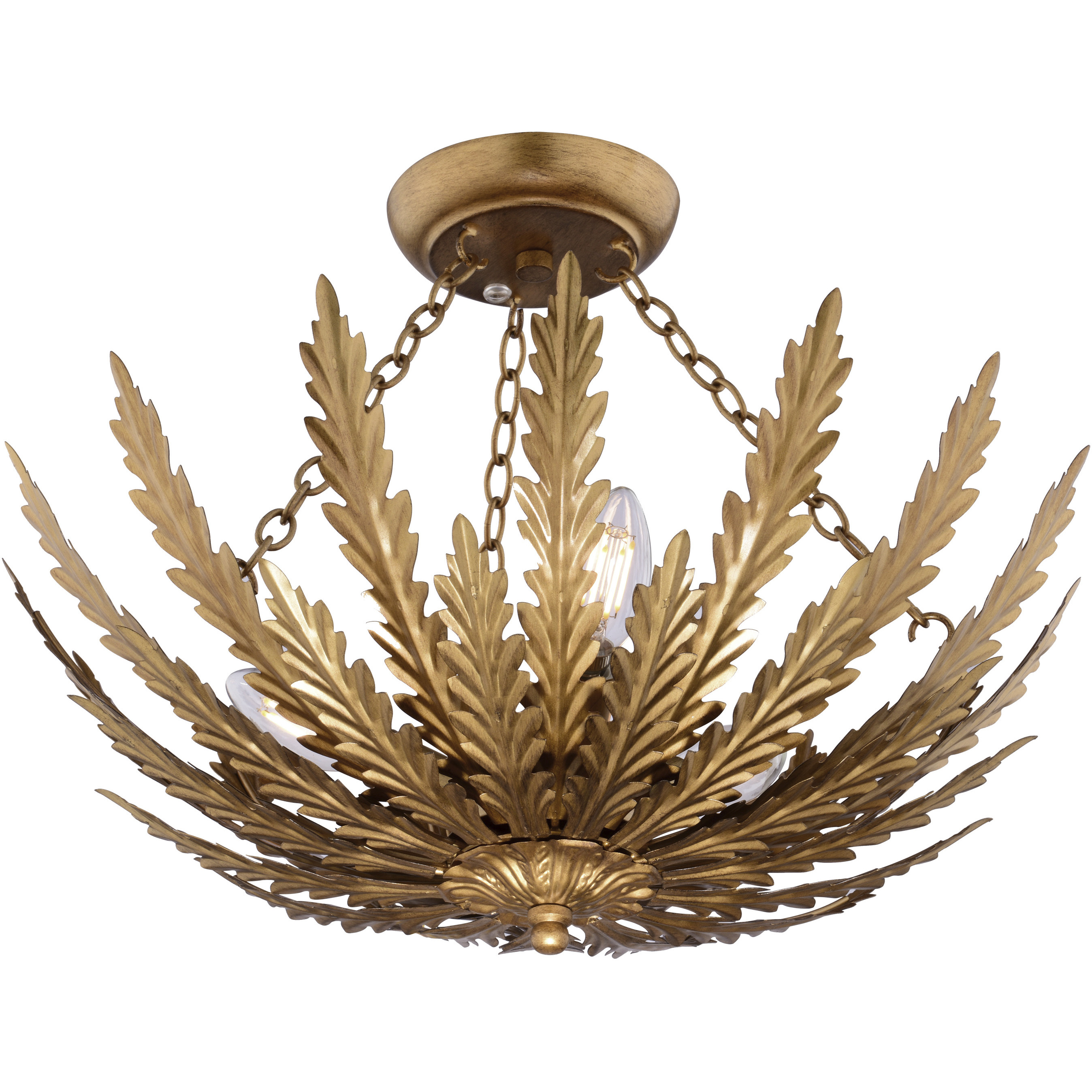 Ozette 3 Light 18 inch Painted Gold Semi Flush Mount Ceiling Light, Leaf Motif